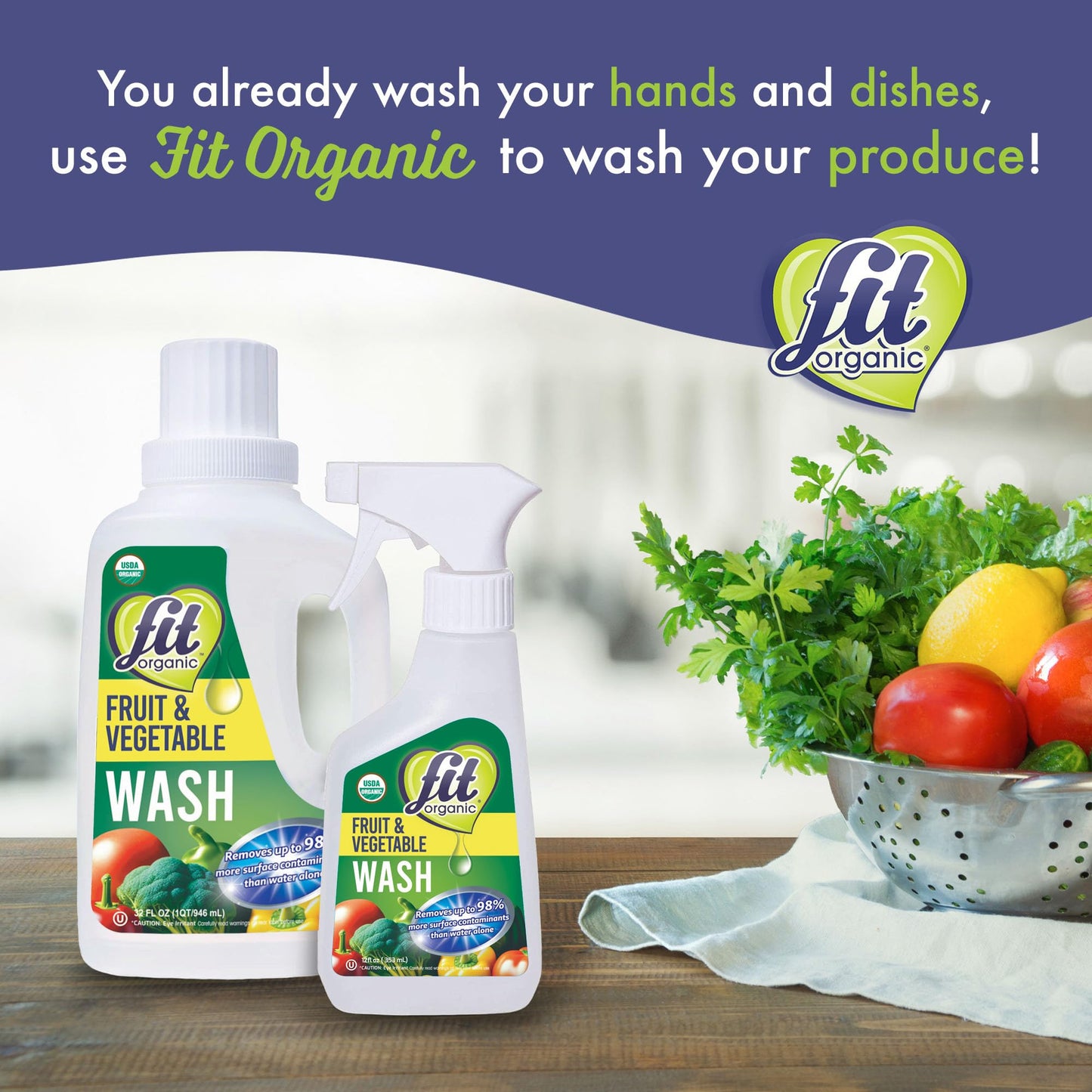 FIT Organic Fruit and Vegetable Wash Spray - USDA Certified Organic & Kosher Produce Cleaner - Removes Surface Contaminants-Family & Pet Safe, Natural