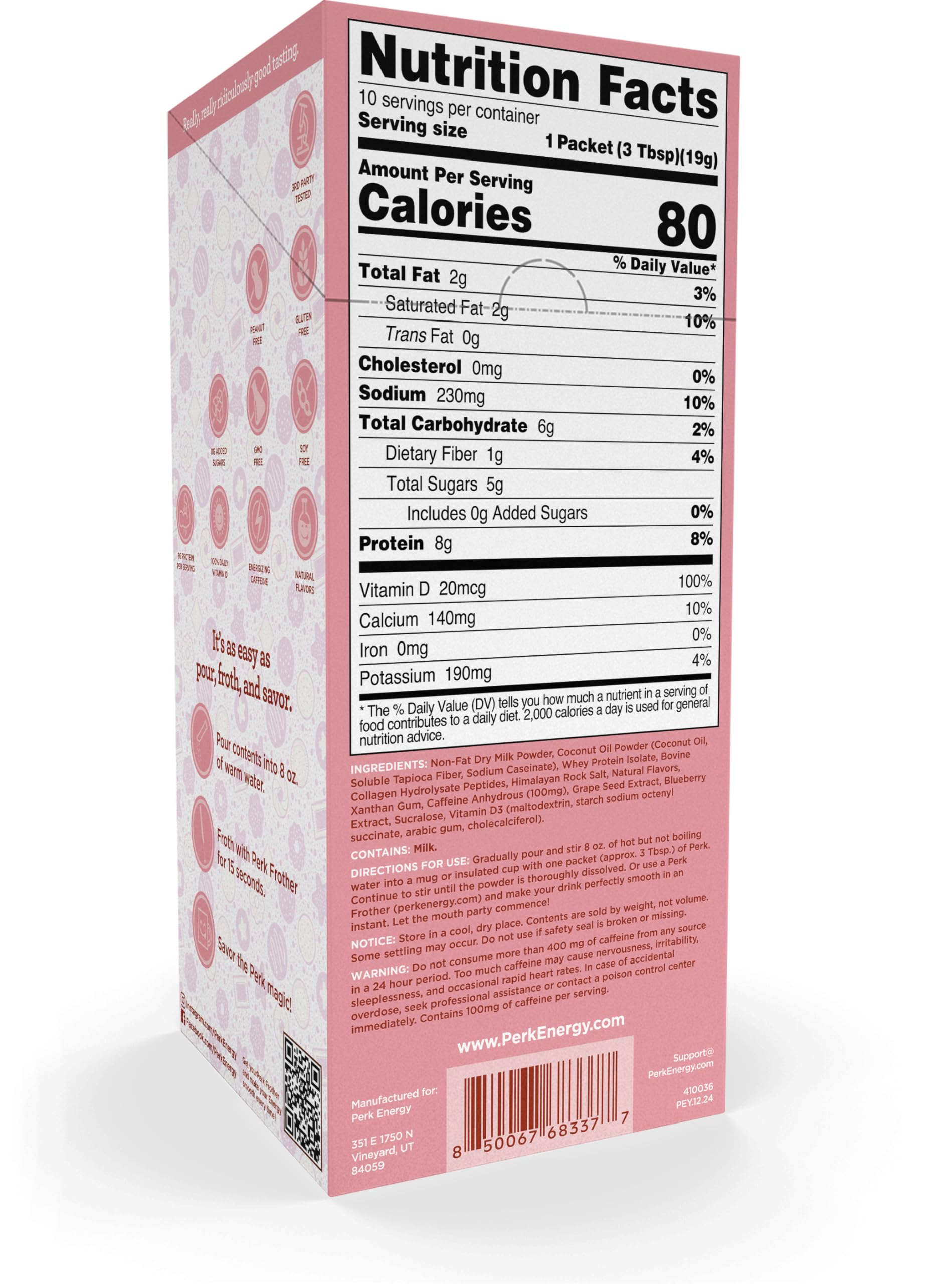 Perk Energy Drink Mix (Sugar Cookie) 10 Stick Packs - Caffeinated Healthy Coffee Alternative with Protein, 100mg of Caffeine, Gluten-Free, Soy-Free