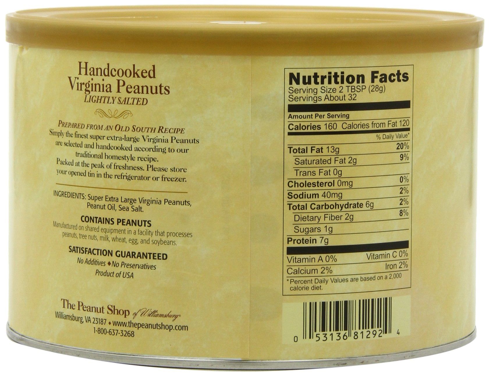The Peanut Shop of Williamsburg Extra-Large Handcooked Lightly Salted Virginia Peanuts Williamsburg Peanuts Non-Gmo Kosher Gluten-Free No