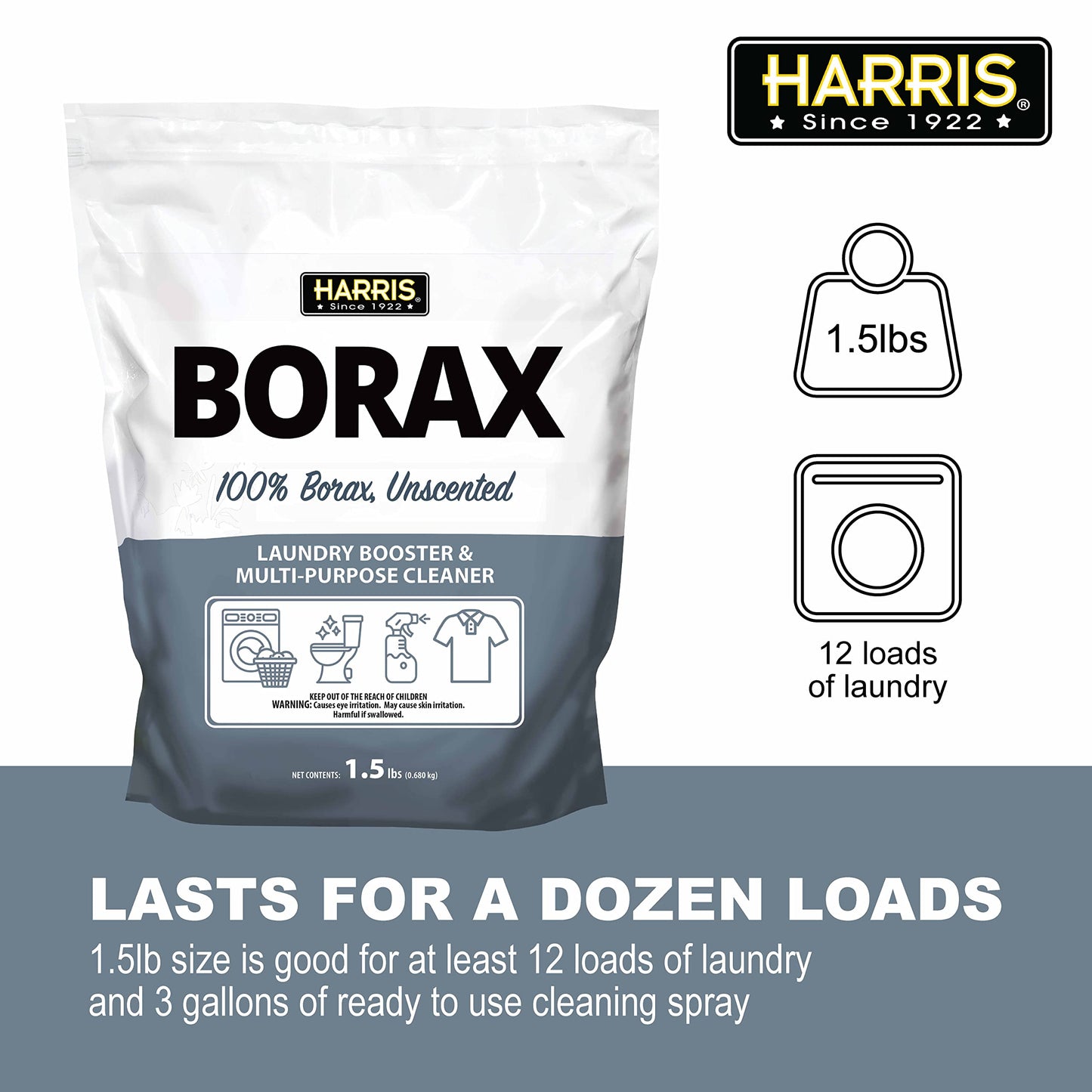 Harris Borax Powder Hard Water Laundry Booster and Powerful Multi-Purpose Cleaner, 1.5lb (Unscented)