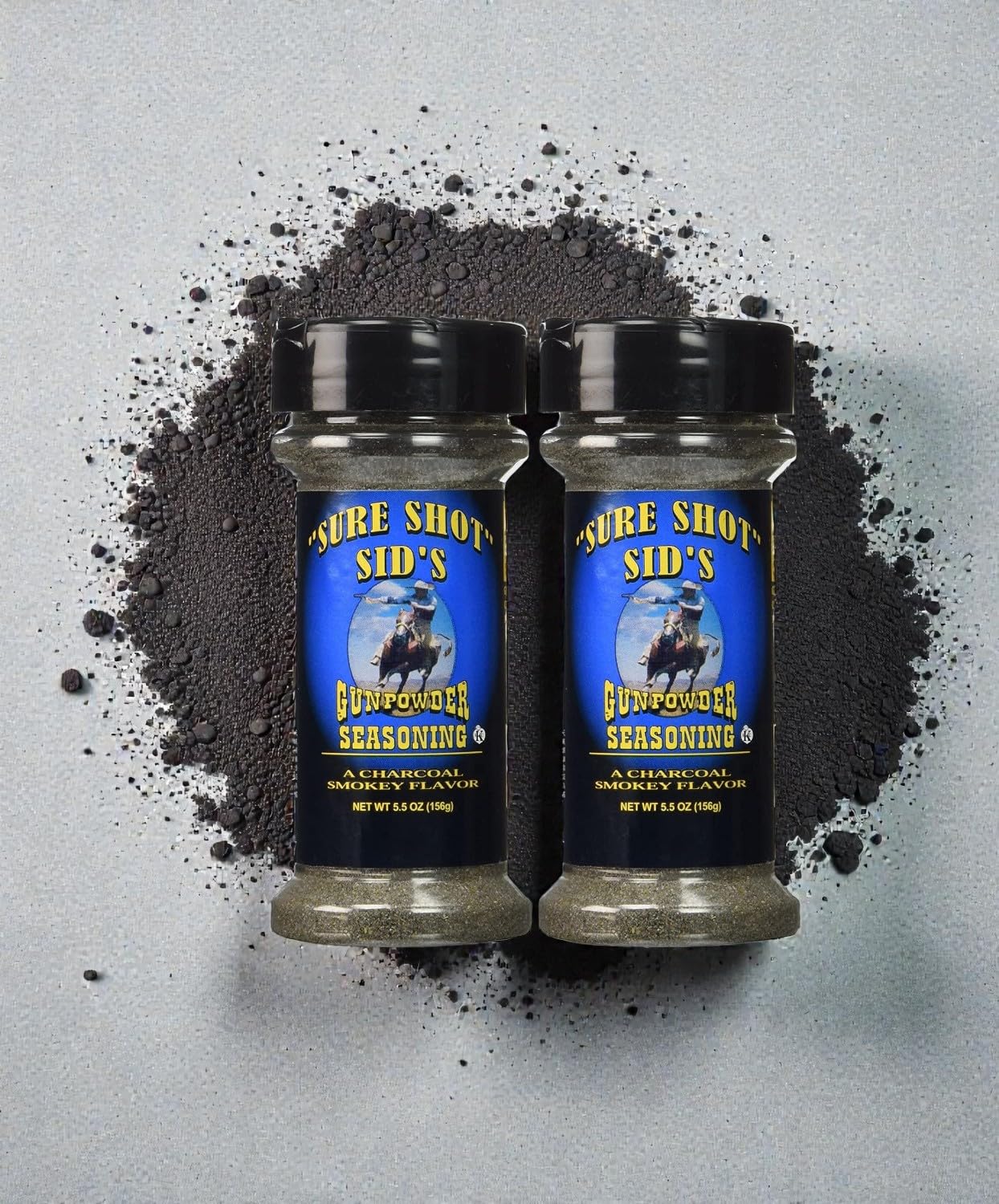 Sure Shot Sid’s Gunpowder BBQ Seasoning, 2 Pack (5.5 oz / 156 g Each) - Charcoal Smoky All-Purpose Grill Rub for Meat, Seafood, Eggs & Vegetables