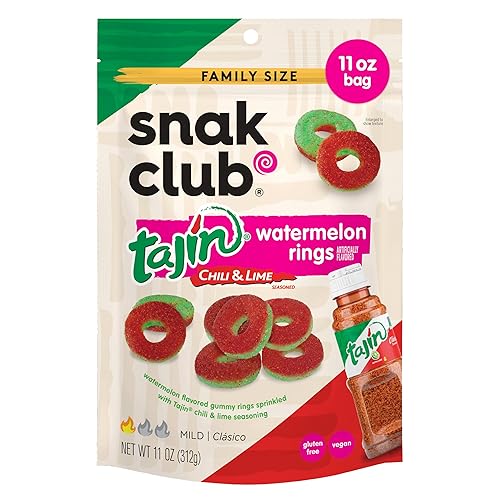 Snak Club Watermelon Rings, Tajin Chili & Lime Seasoned, Sweet and Spicy Gummy Candy, Mild in Heat Bold in Flavor, Low-Fat, Vegan, Gluten-Free Snack