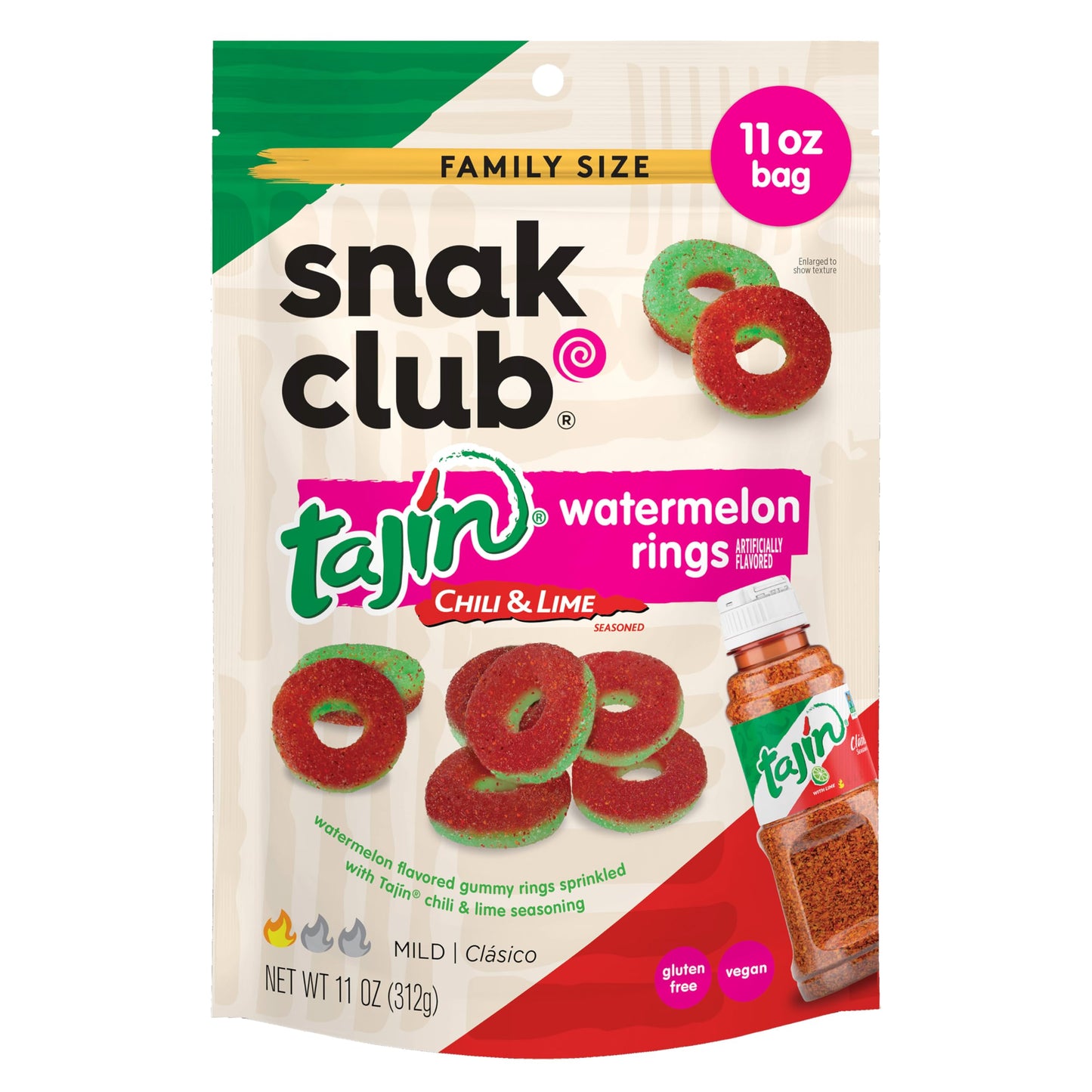 Snak Club Watermelon Rings, Tajin Chili & Lime Seasoned, Sweet and Spicy Gummy Candy, Mild in Heat Bold in Flavor, Low-Fat, Vegan, Gluten-Free Snack