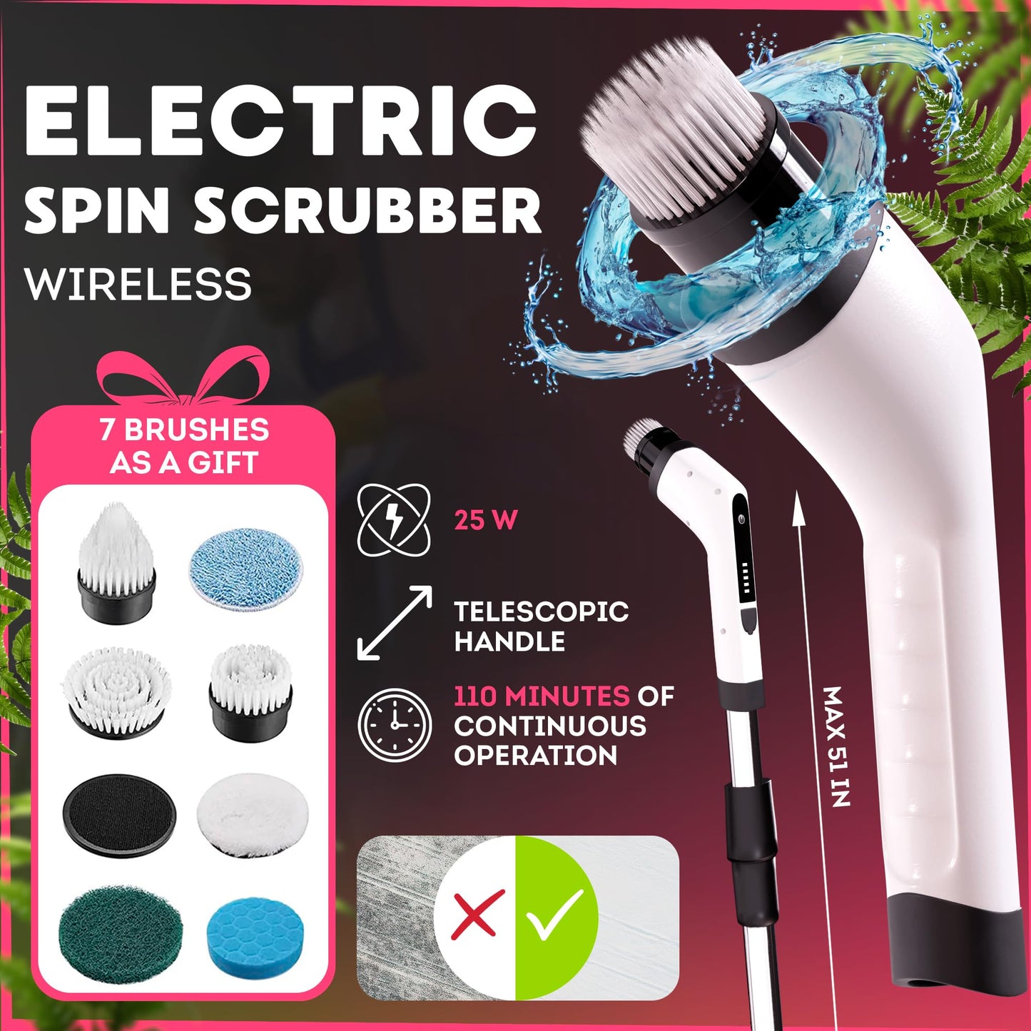 Amiff 7-in-1 Electric Bathroom Scrubbing Brush, 2500 mAh. Telescopic Bathtub Scrubber with Long Handle. Powerful Electric Bathtub Scrubber. Portable