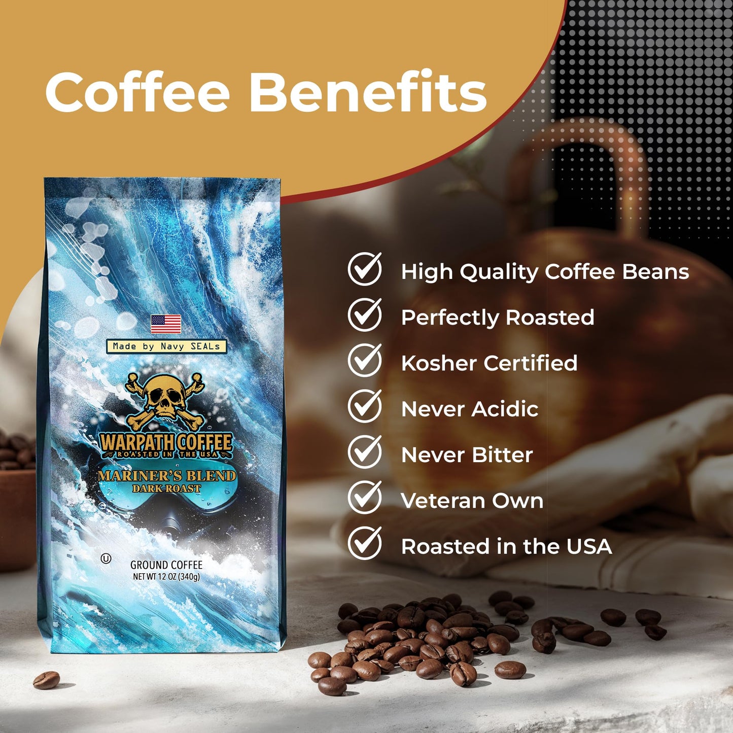 Warpath Coffee Ground Coffee Dark Roast, Mariner's Blend, High Caffeine, Extra Strong Roasted 100% Arabica Coffee Ground Beans, Rich Aroma