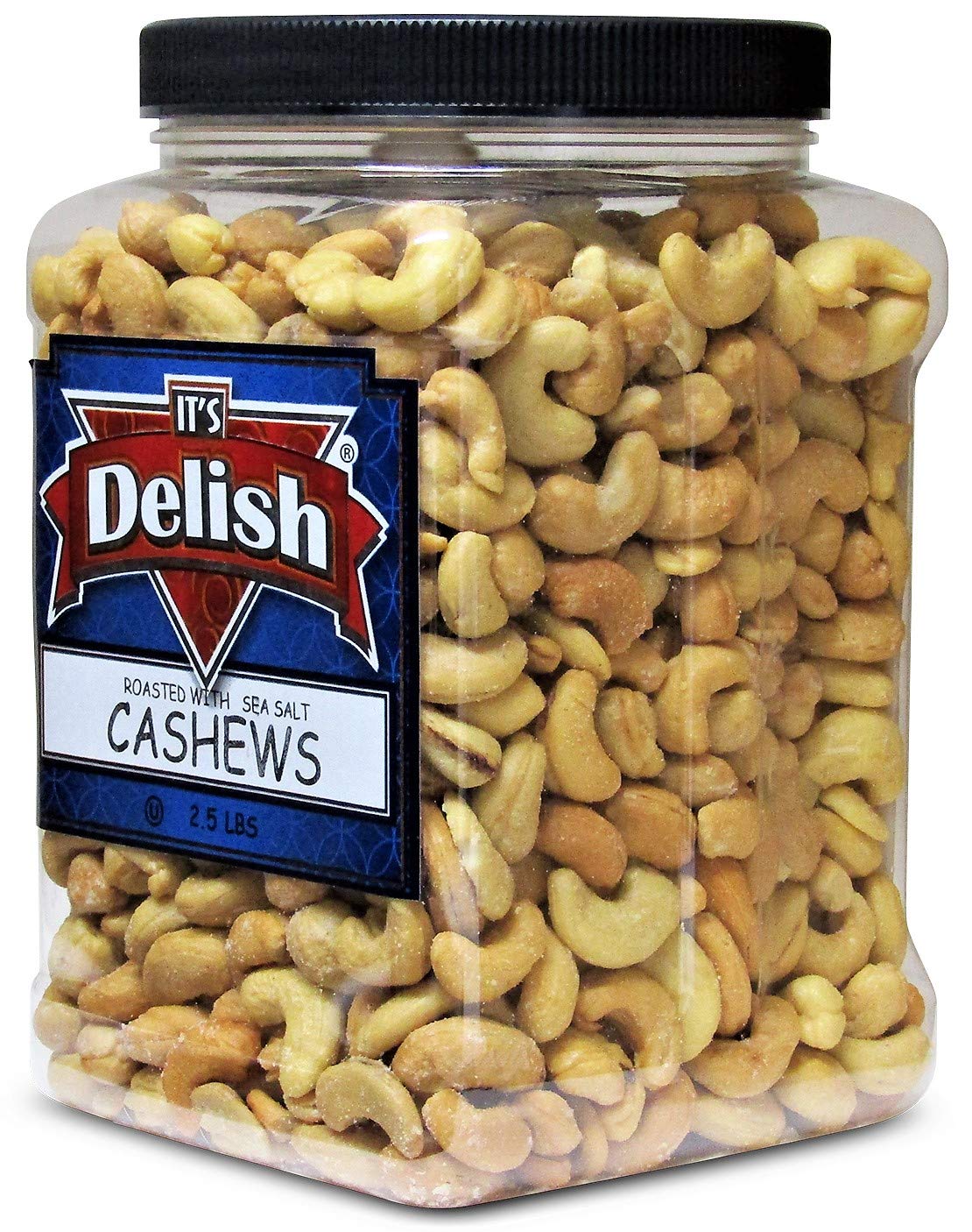 Roasted & Salted Cashews by It’s Delish - 2.5 lbs Jumbo Container - Roasted with Sea Salt - Kosher Long-lasting Jar - Energetic, Healthy Snack