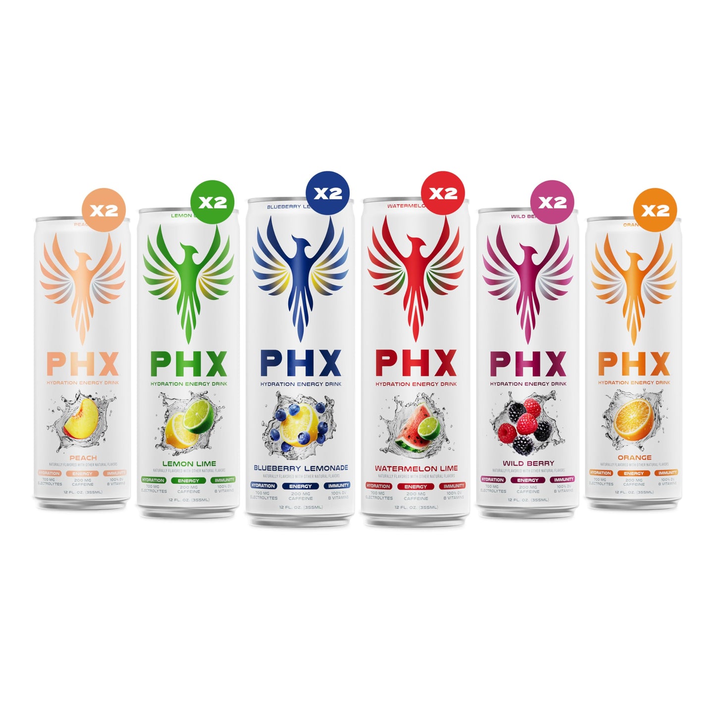 PHX Hydration Energy Drink - 700mg Electrolytes, 200mg Natural Green Tea Caffeine, 100% Daily Value 8 Essential Vitamins - 12 oz Cans (12 Pack) (12