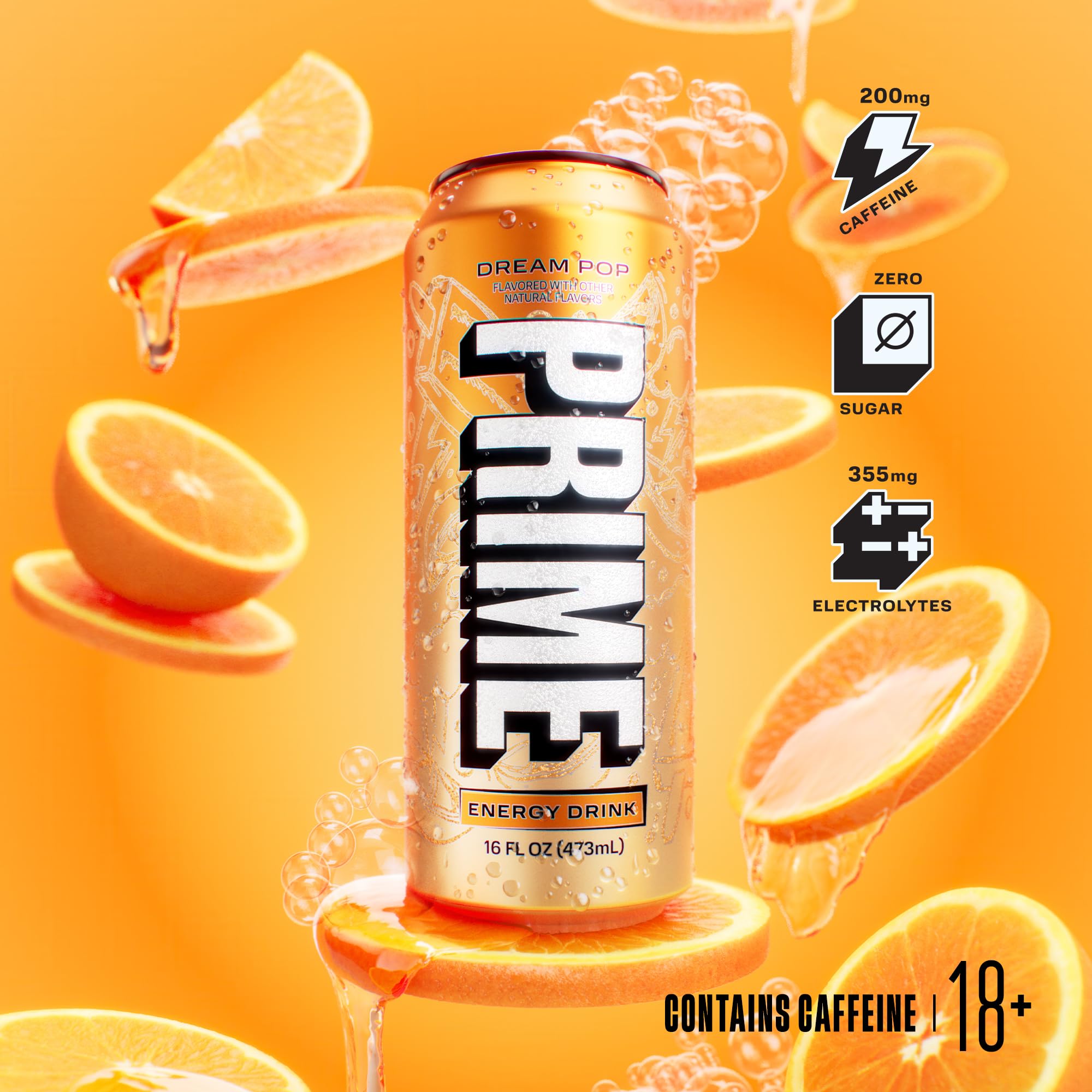PRIME Energy DREAMPOP, Sugar Free Energy Drink, 200mg Caffeine and 355mg of Electrolytes for Hydration, Low Calorie, Vegan, Gluten Free, 16 Fluid