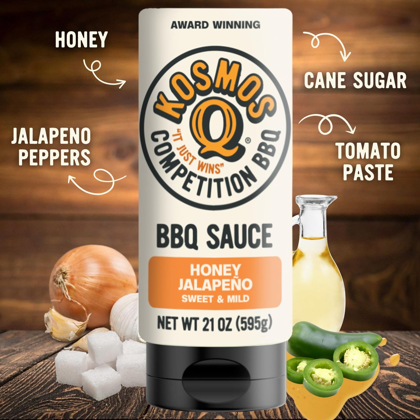 Kosmos Q Honey Jalapeno BBQ Sauce, Father’s Day Gift for Him, Sweet & Spicy Barbecue Sauce for Ribs, Brisket, Pork & Chicken, Made with Real Honey