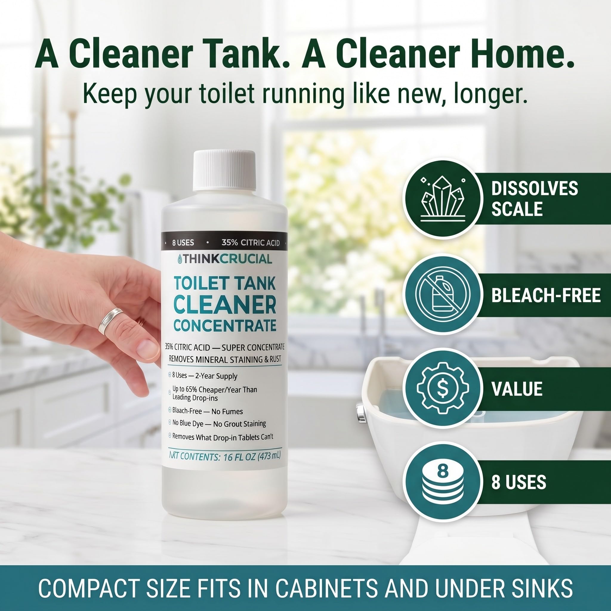Think Crucial Toilet Tank Cleaner Concentrate - 35% Citric Acid, 8 Uses, Bleach-Free, No Blue Dye, Septic Safe - 16 fl oz
