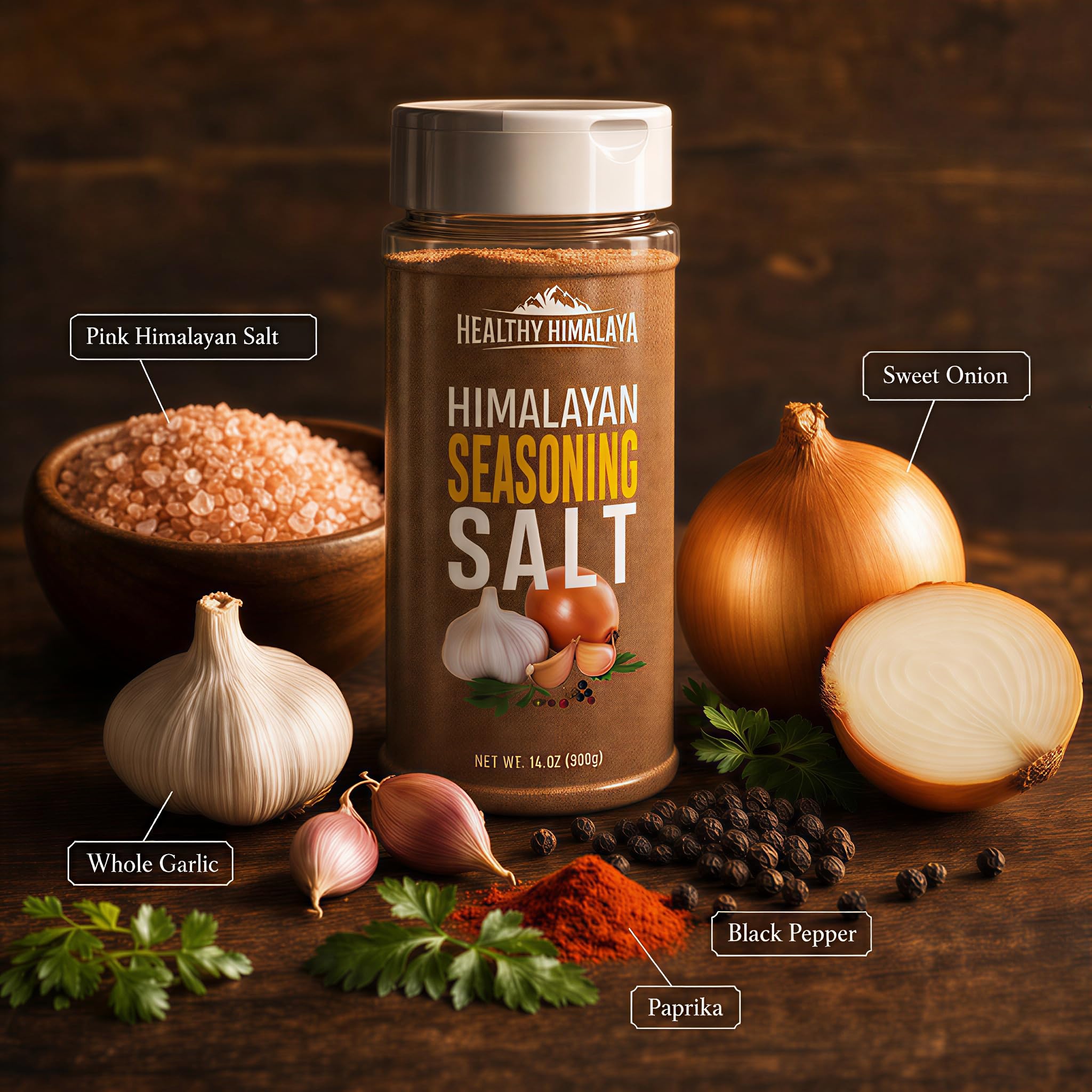 Himalayan Seasoning Salt with Pepper, Garlic, and Onion - Natural Himalayan Pink Salt for Grilling, Cooking, and Finishing - 14 oz Shaker, Healthy