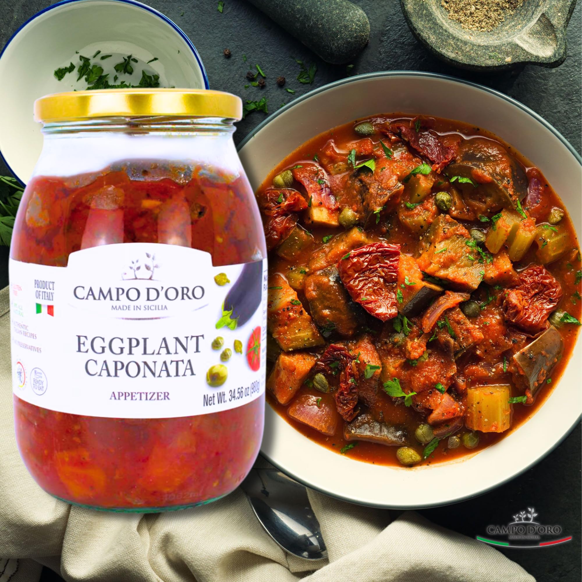 Sicilian Eggplant Caponata, Appetizer, Big Jar 34.5 oz, Sicilian recipe for Antipasto, side dish or pasta with Eggplant, Tomato, Onion, Celery, Olives