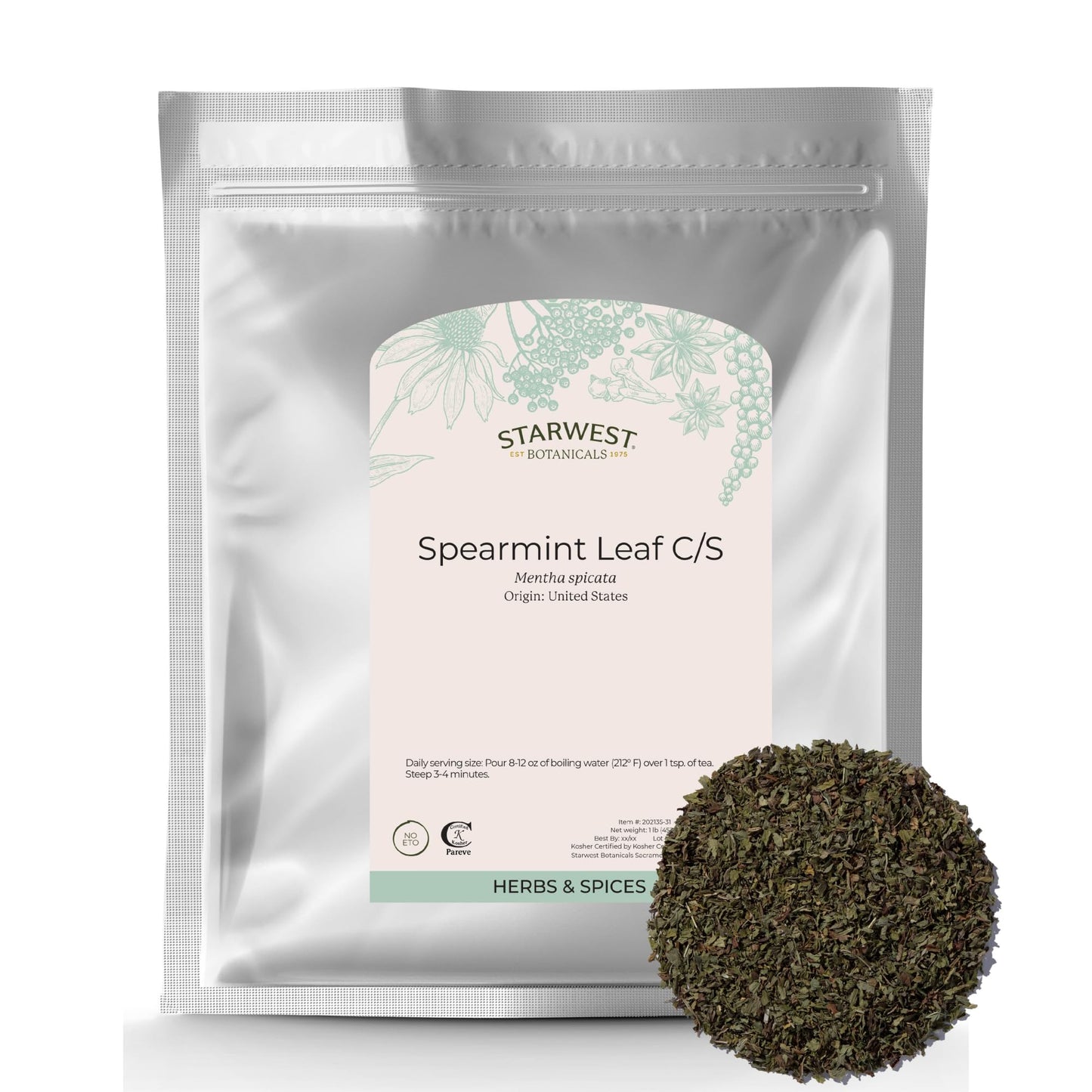 Starwest Botanicals Spearmint Leaves - Loose Leaf Herb for Tea, Dried Spearmint Leaf for Herbal Blends, Cut & Sifted, Certified Kosher - Bulk 1 lb Bag
