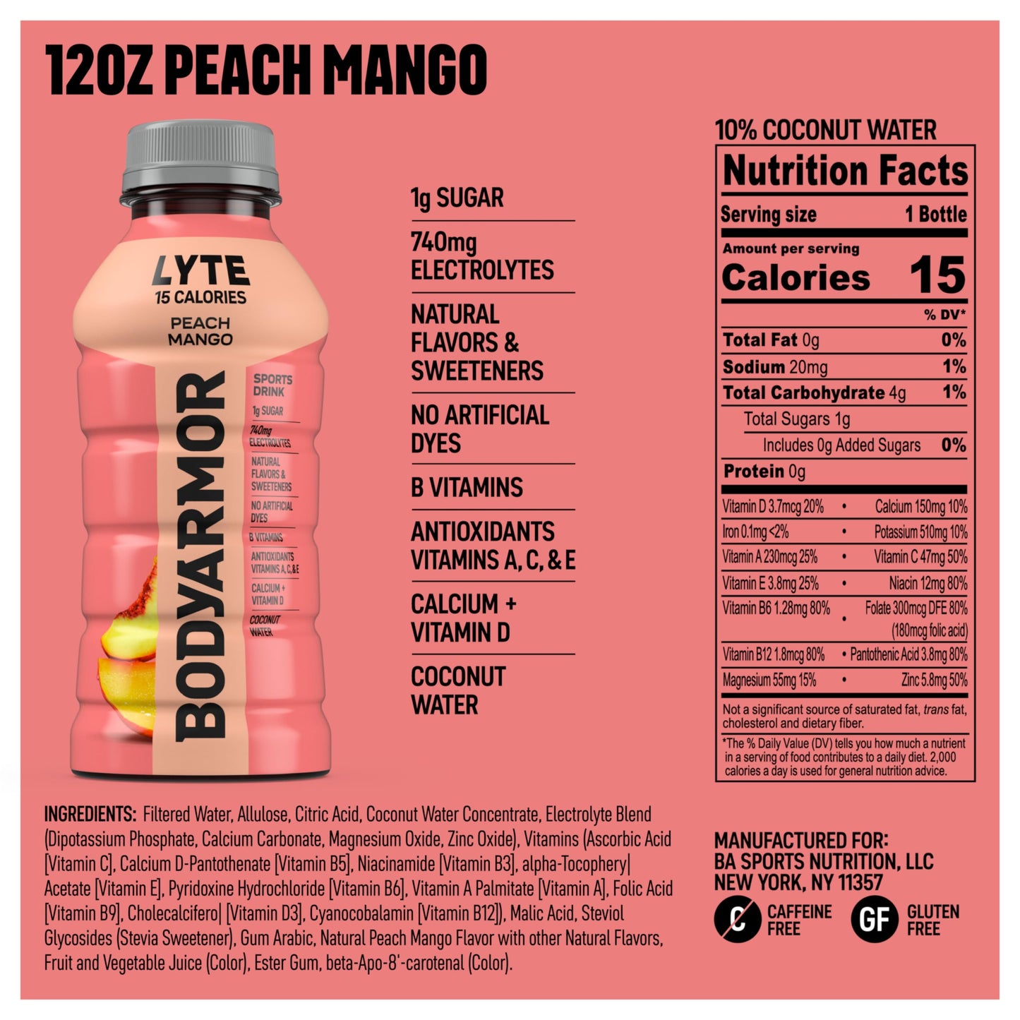 BODYARMOR LYTE, Peach Mango, Electrolyte Drink, 15 Calories, 12 Fl Oz Bottles (8 Pack), Coconut Water Sports Drink, Natural Flavor & B Vitamins