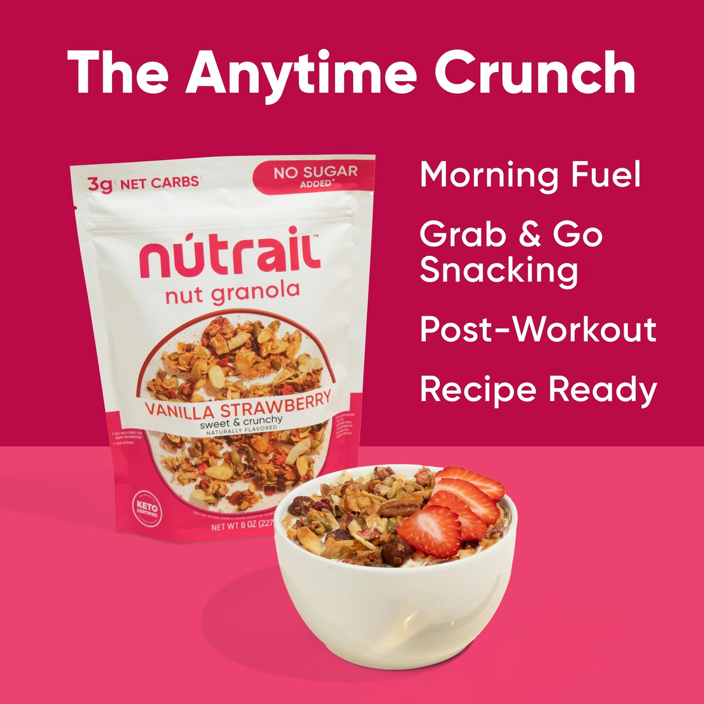 NuTrail Nut Granola Cereal, Vanilla Strawberry, No Sugar Added, Keto, Low Carb, Gluten Free, Grain Free, Healthy Breakfast 8 oz. 1 Count