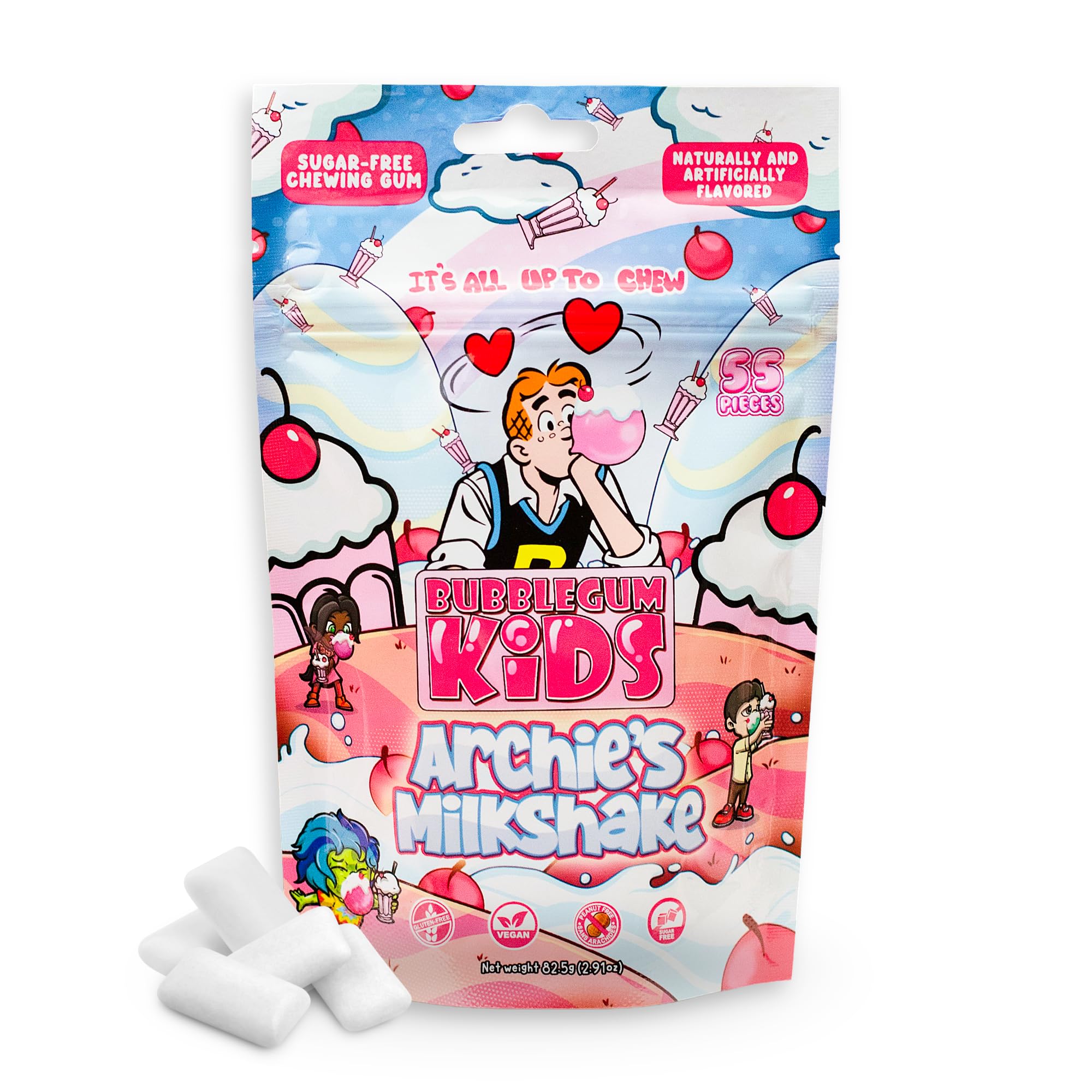 Archie’s Milkshake Sugar Free Gum by Bubblegum Kids | Milkshake Flavor Sugarless Gum with Xylitol | Vegan, Low Calorie Candy Alternative for Kids