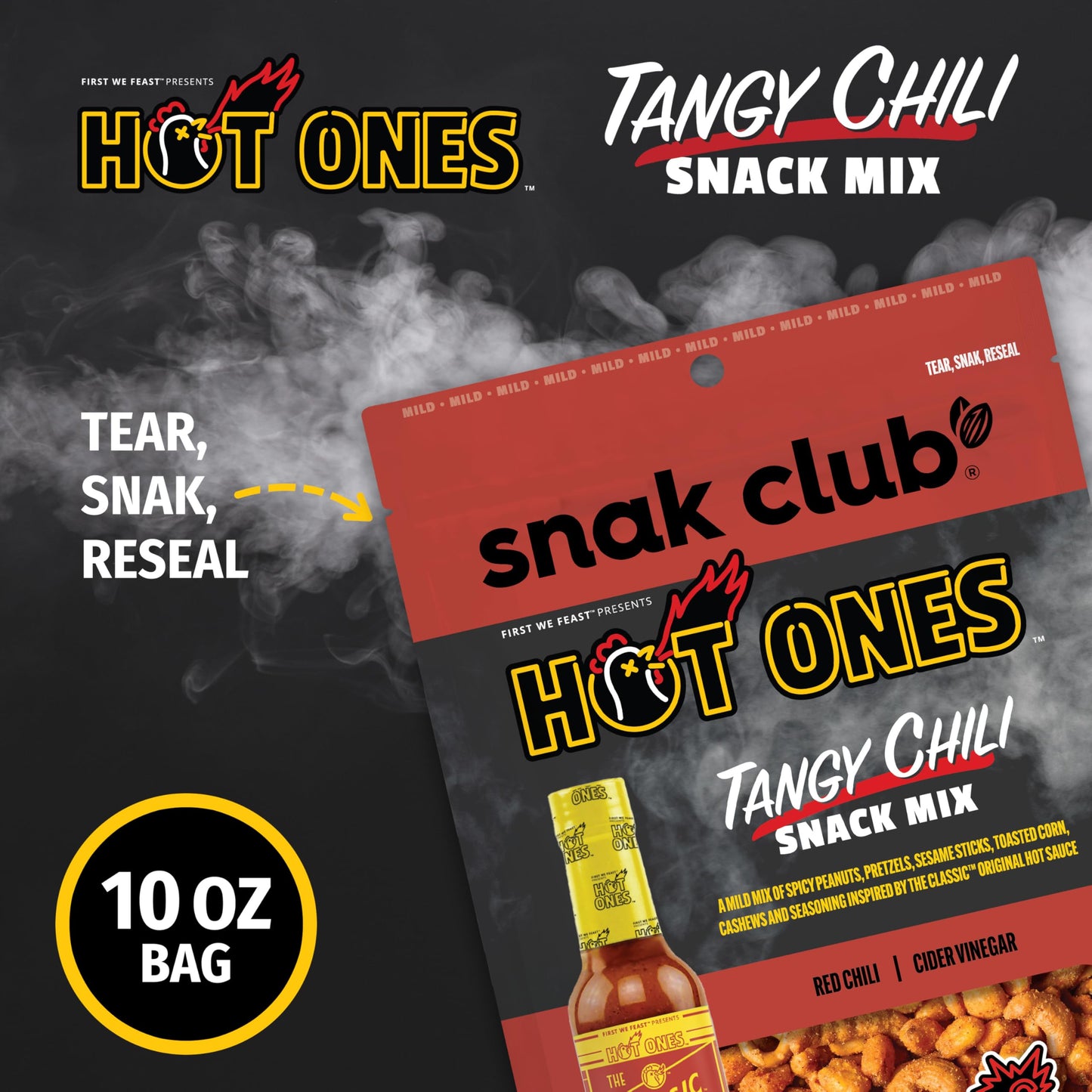 Snak Club x Hot Ones Tangy Chili Snack Mix, Mild Spicy Snacks with Peanuts, Pretzels, Sesame Sticks, Toasted Corn & Cashews, Inspired by Hot Ones Hot