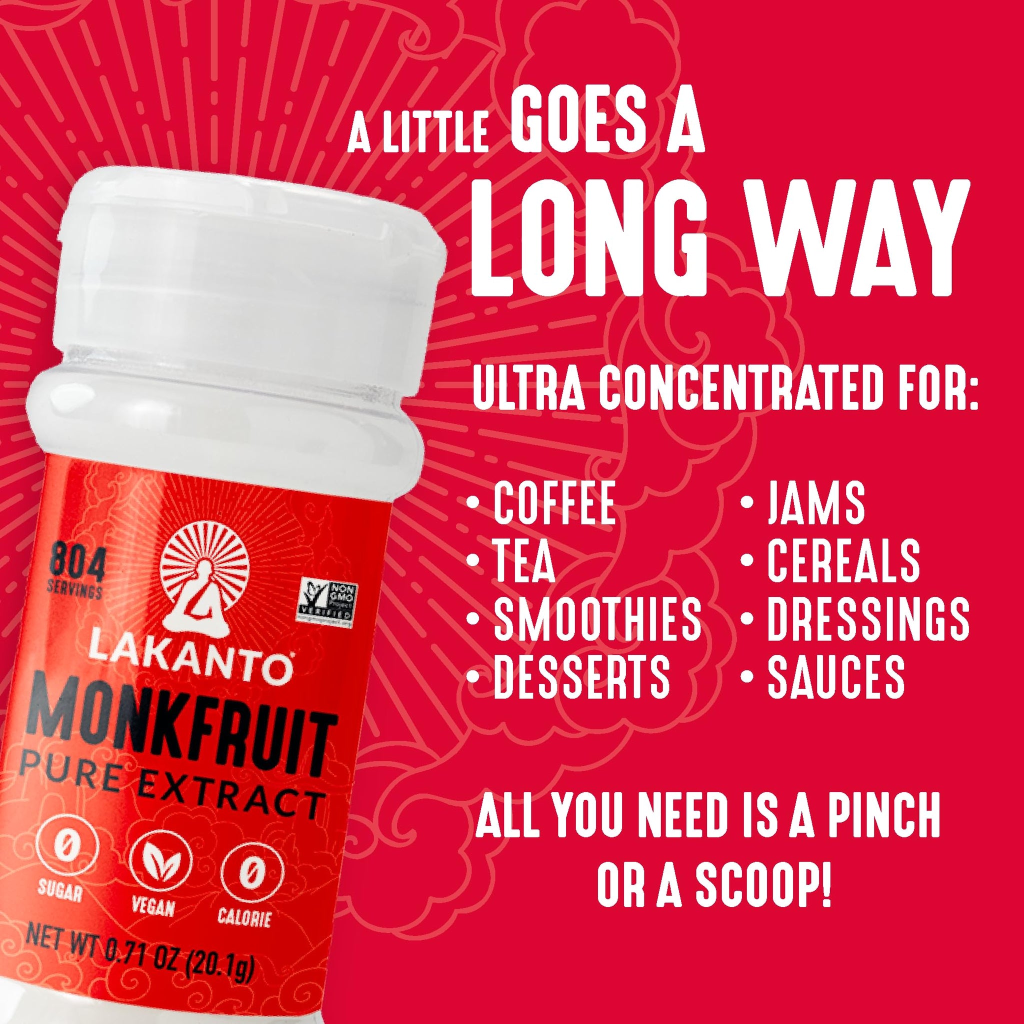 Lakanto Pure Monk Fruit Sweetener Extract Powder - Erythritol Free, High Purity MV50, Mogroside 50, Great for Coffee, Tea, Smoothies, Desserts, Jams