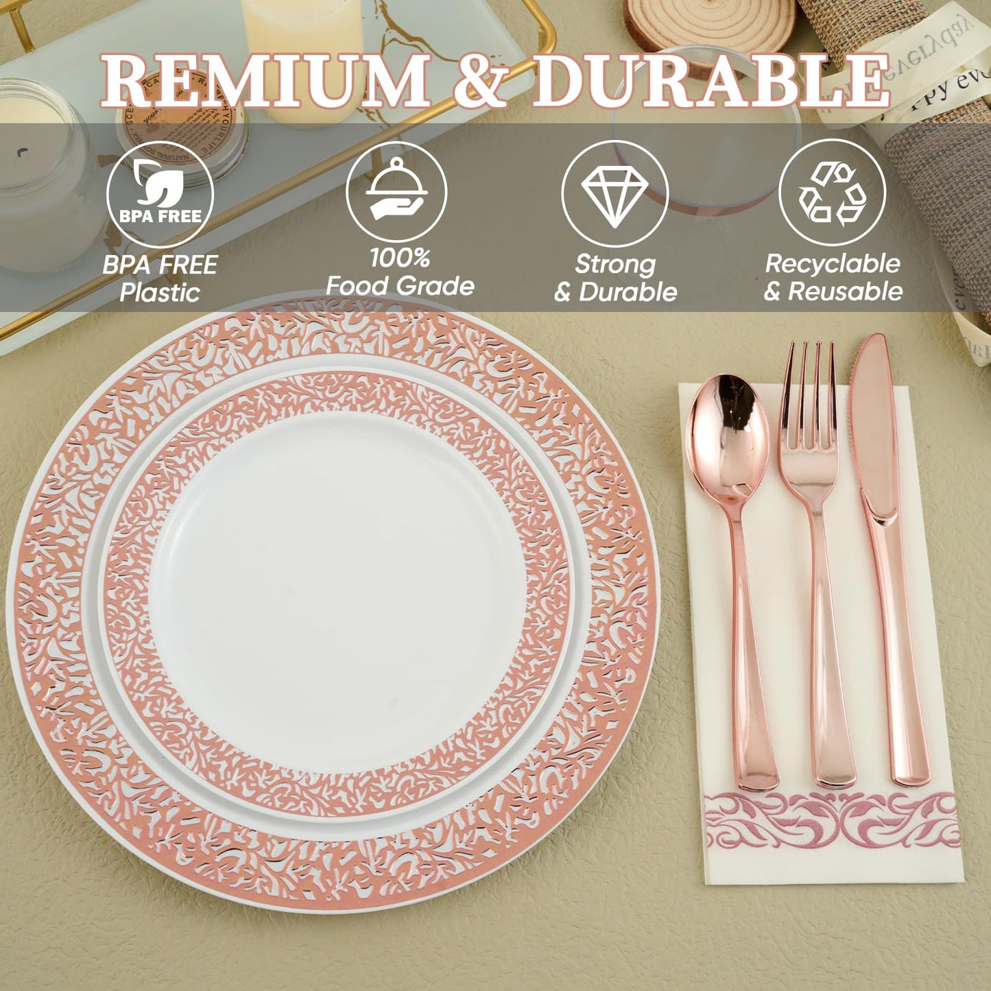 FOCUSLINE 350 Ct Rose Gold Dinnerware Set for 50 Guests, Rose Gold Lace Plastic Plates Disposable Heavy Duty, Including 50 Dinner & Dessert Plates