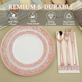 FOCUSLINE 350 Ct Rose Gold Dinnerware Set for 50 Guests, Rose Gold Lace Plastic Plates Disposable Heavy Duty, Including 50 Dinner & Dessert Plates