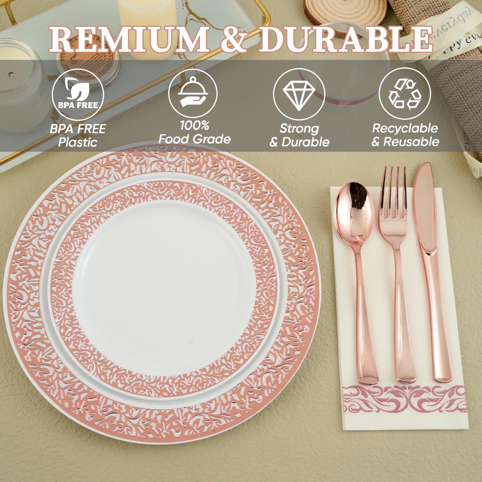 FOCUSLINE 350 Ct Rose Gold Dinnerware Set for 50 Guests, Rose Gold Lace Plastic Plates Disposable Heavy Duty, Including 50 Dinner & Dessert Plates