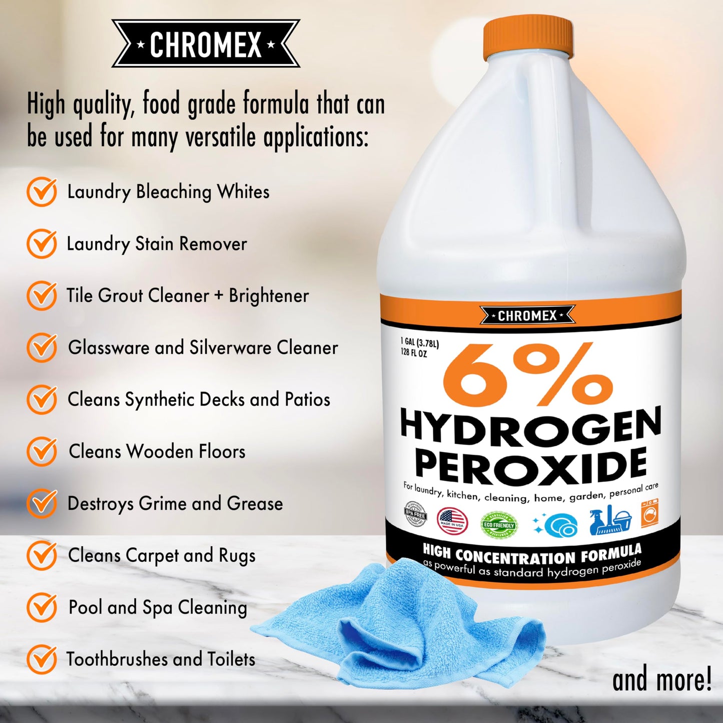 Chromex 6 Percent Hydrogen Peroxide, Food Grade, Home, Kitchen, Bath Cleaner, Laundry, Whitening (128 fl oz (Pack of 1)), NSF Certified