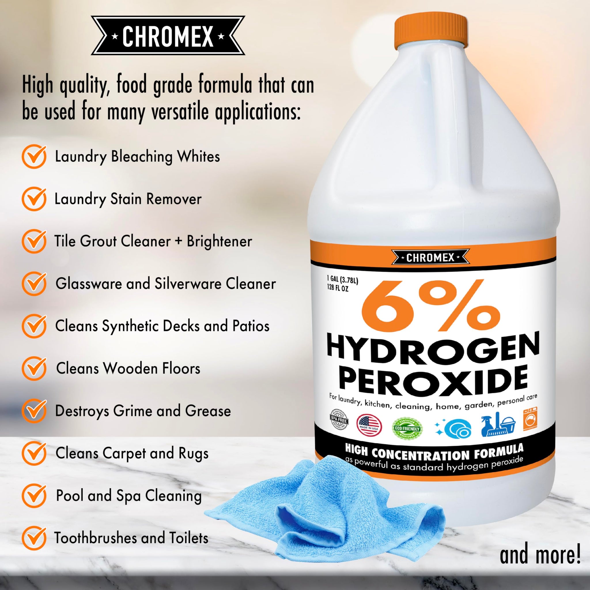Chromex 6 Percent Hydrogen Peroxide, Food Grade, Home, Kitchen, Bath Cleaner, Laundry, Whitening (128 fl oz (Pack of 1)), NSF Certified