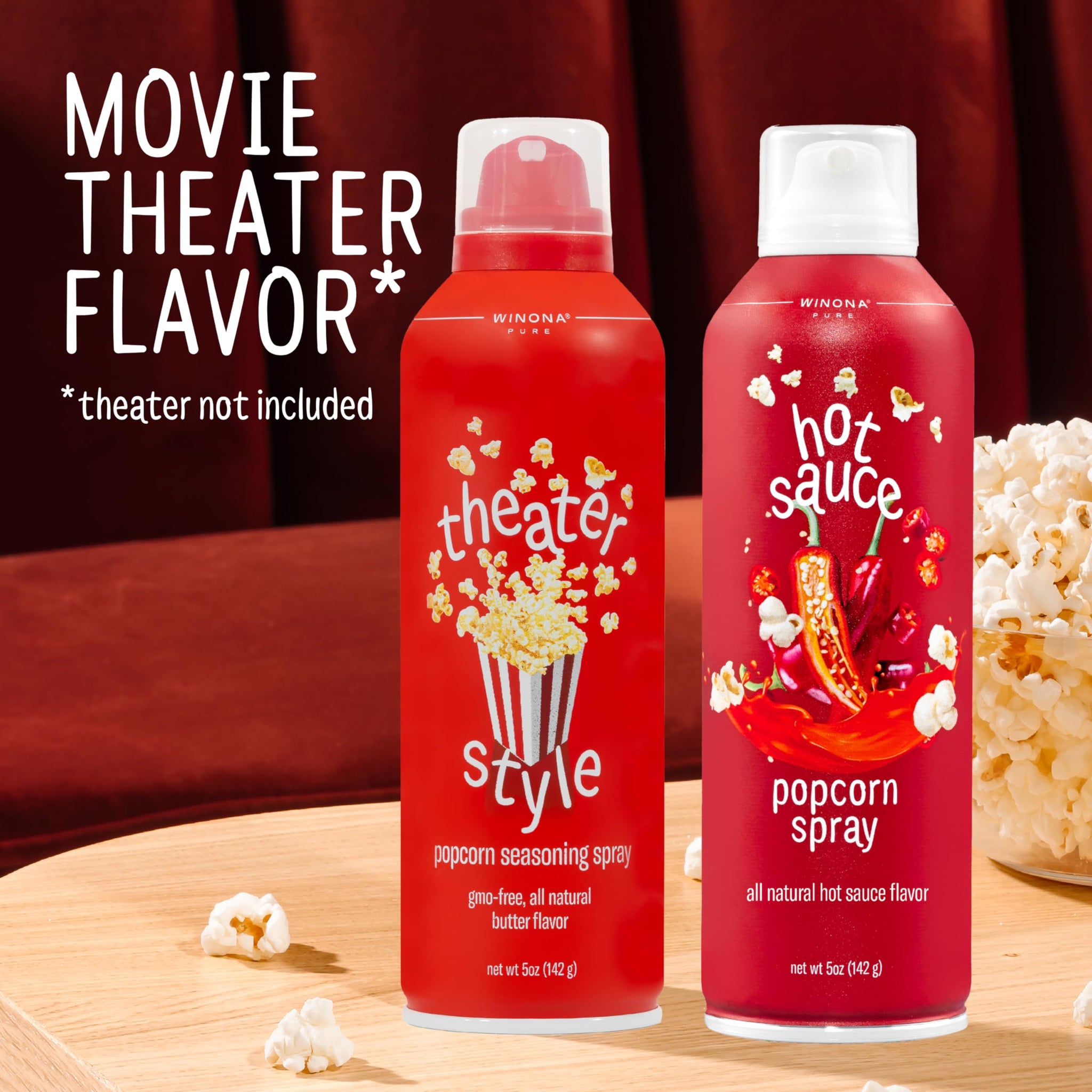Winona Pure Popcorn Spray Variety Pack, Butter & Hot Sauce, For Popcorn & More, 5 oz, 2 Pack