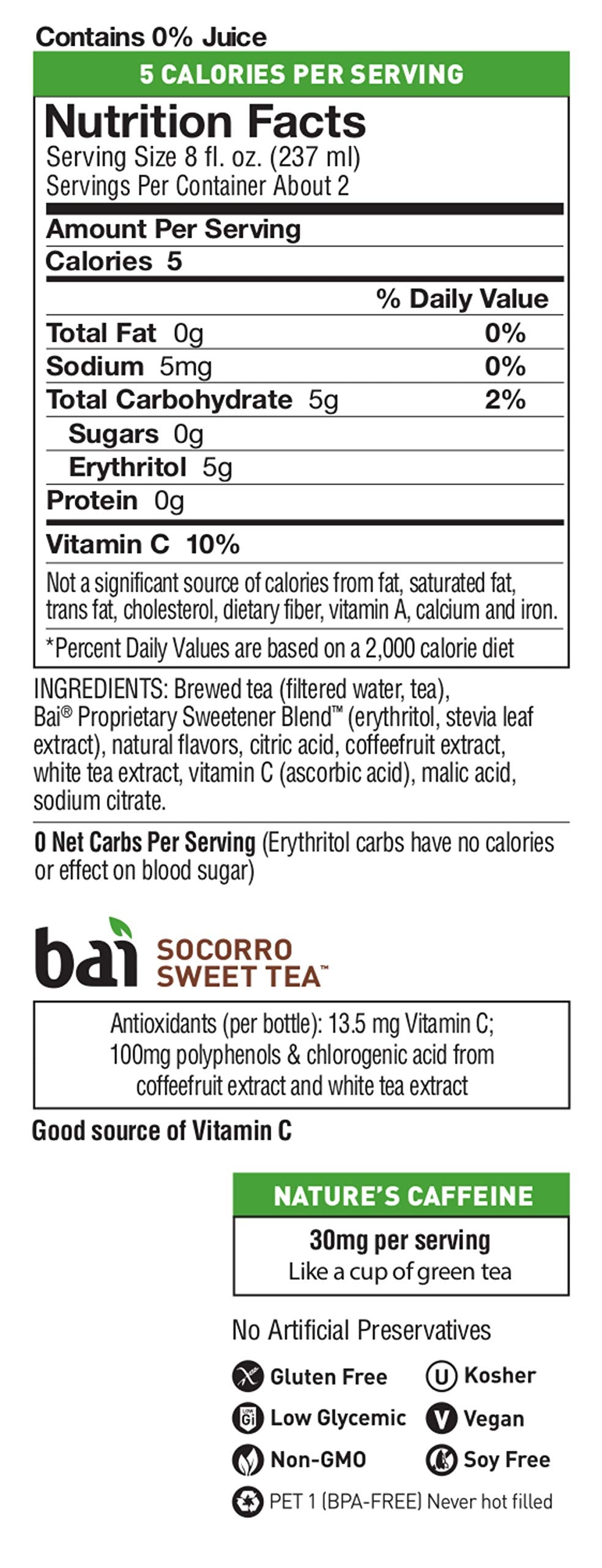Bai Iced Tea, Socorro Sweet, Antioxidant Infused Supertea, 18 Fluid Ounce Bottle