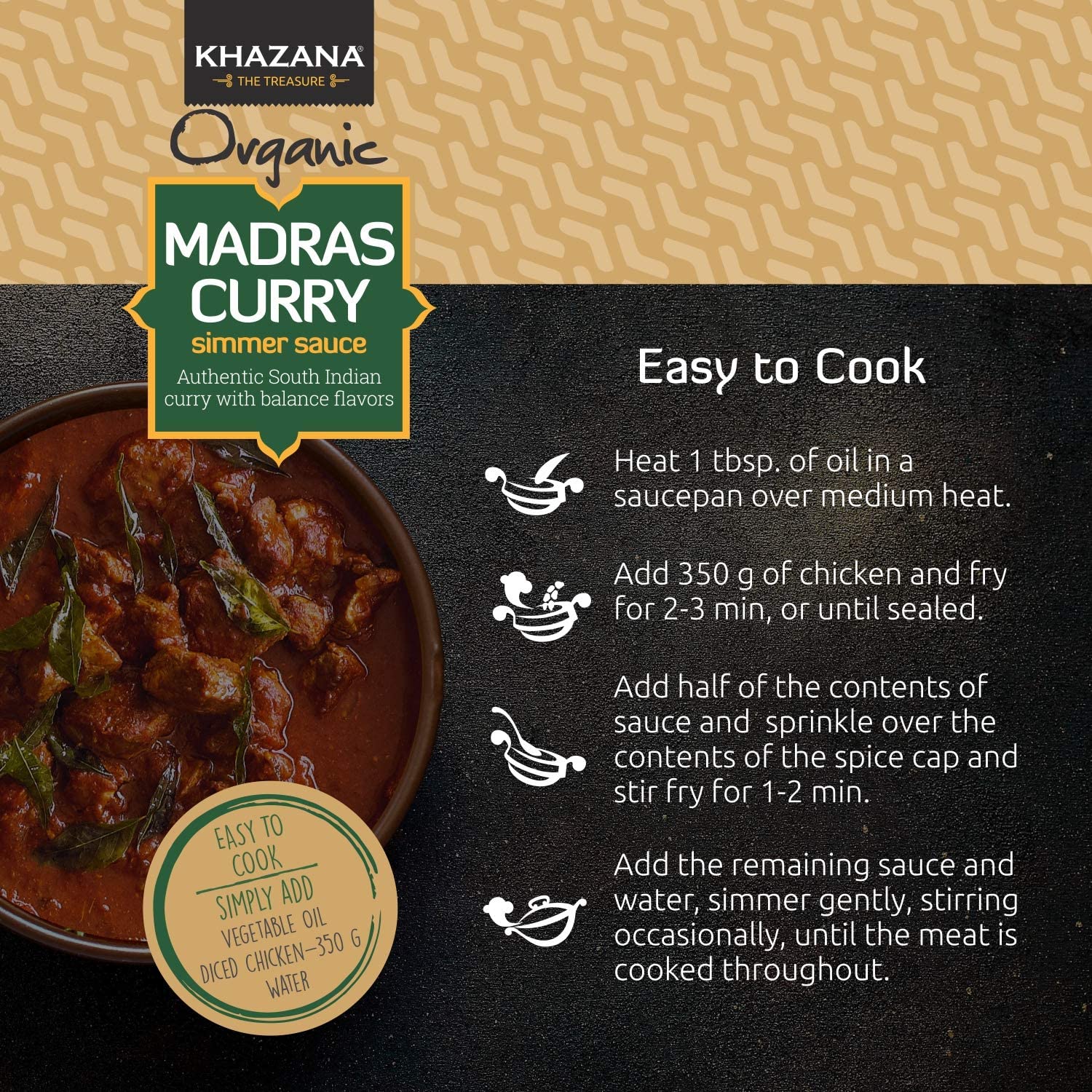 Khazana ORGANIC Madras Curry Indian Simmer Sauce - 12.7oz Jars | Non-GMO, Vegan, Gluten Free, Kosher | Authentic Indian Meals Made Easy at Home!