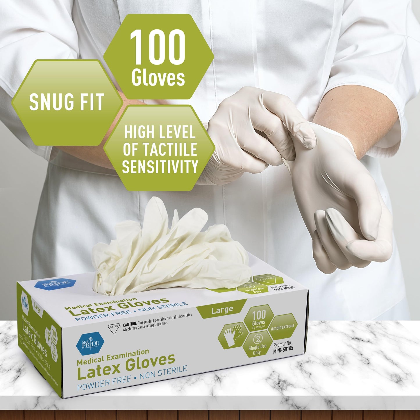 MedPride Powder-Free Latex Exam Gloves, Large, Box/100