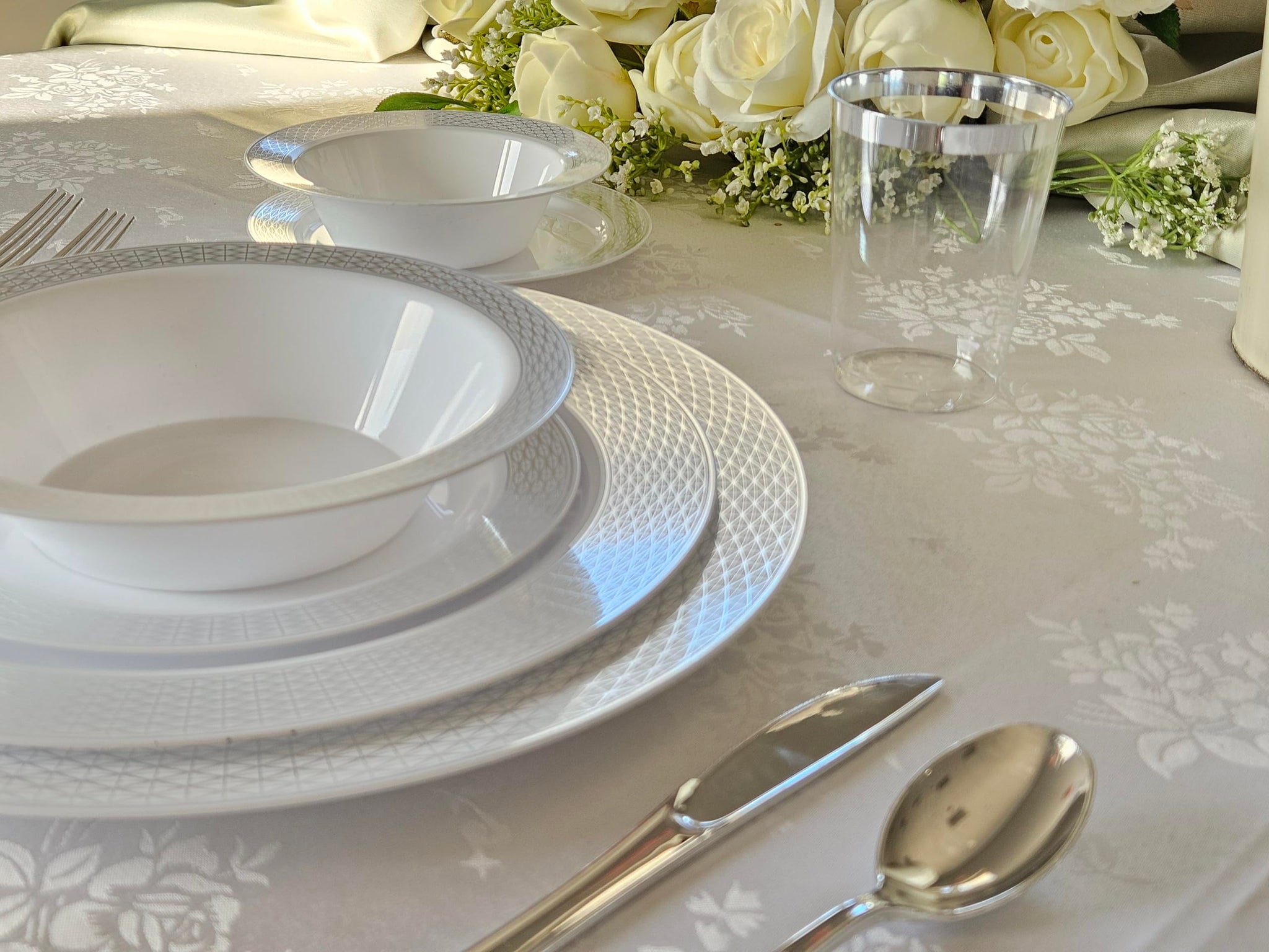 OCCASIONS 40 Pack Silver Charger Plates - 12 Inch Disposable Chargers for Dinner Plates Bulk, Premium Heavyweight Plastic for Wedding, Party & Events