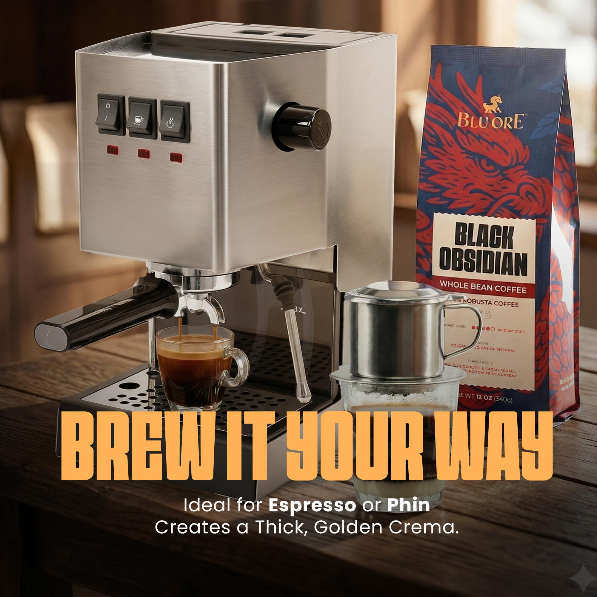 Blu Ore Black Obsidian Robusta Coffee Beans - Single Origin Vietnamese Whole Bean Coffee, Bold Strong Espresso Beans with Chocolate & Cacao Notes