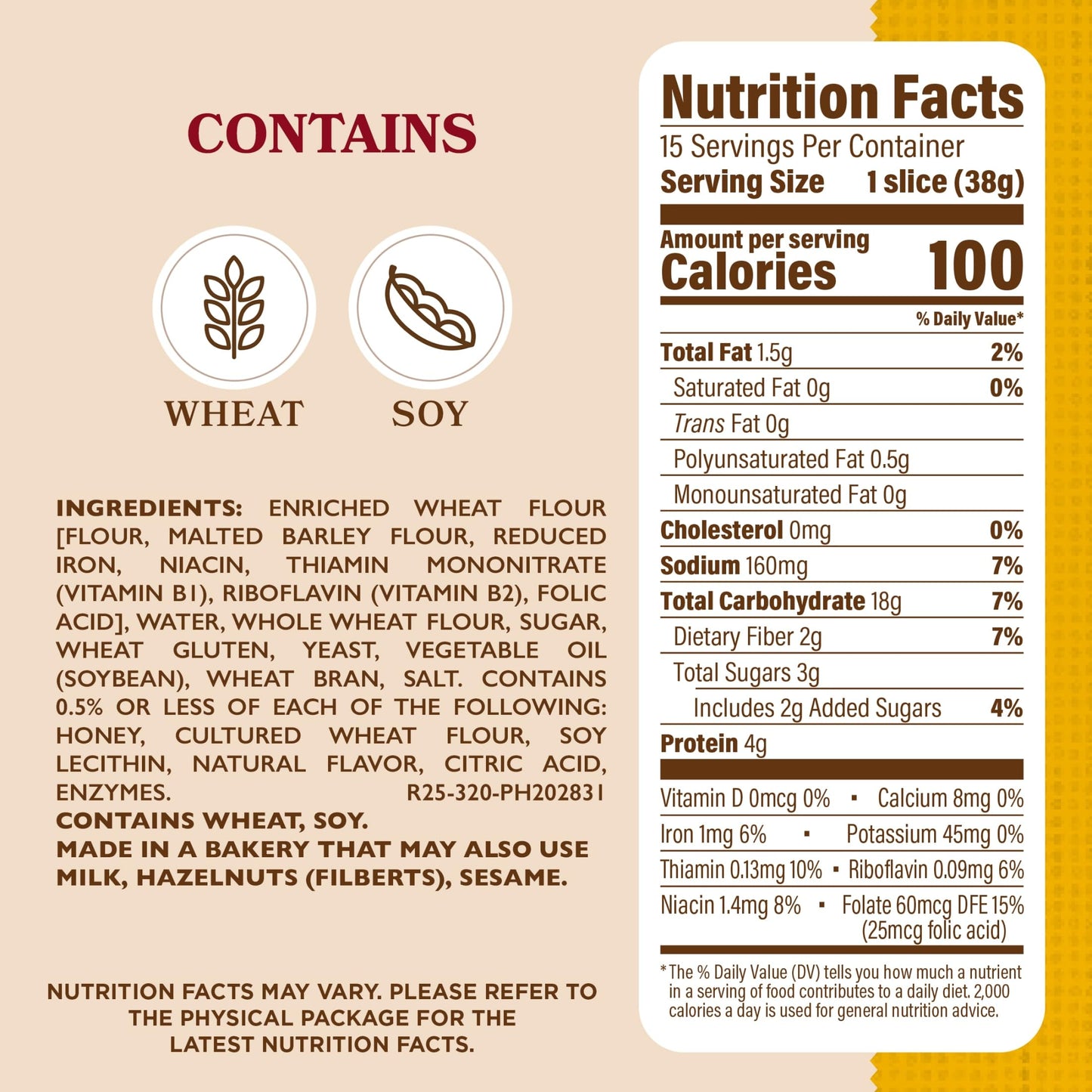 Artesano Golden Wheat Bakery Bread, Whole Wheat Pre-sliced Wheat Bread, 20 oz Bag