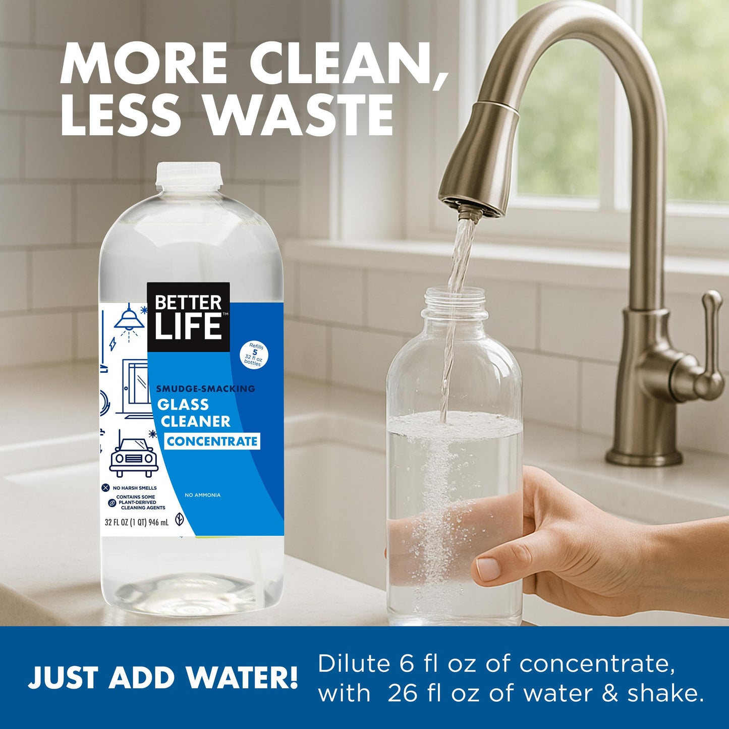 BETTER LIFE Glass Cleaner Concentrate - Streak-Free Window Cleaner for Home, Kitchen, Bathroom, Shower, Car - Works on Glass, Windows, Mirrors, Light