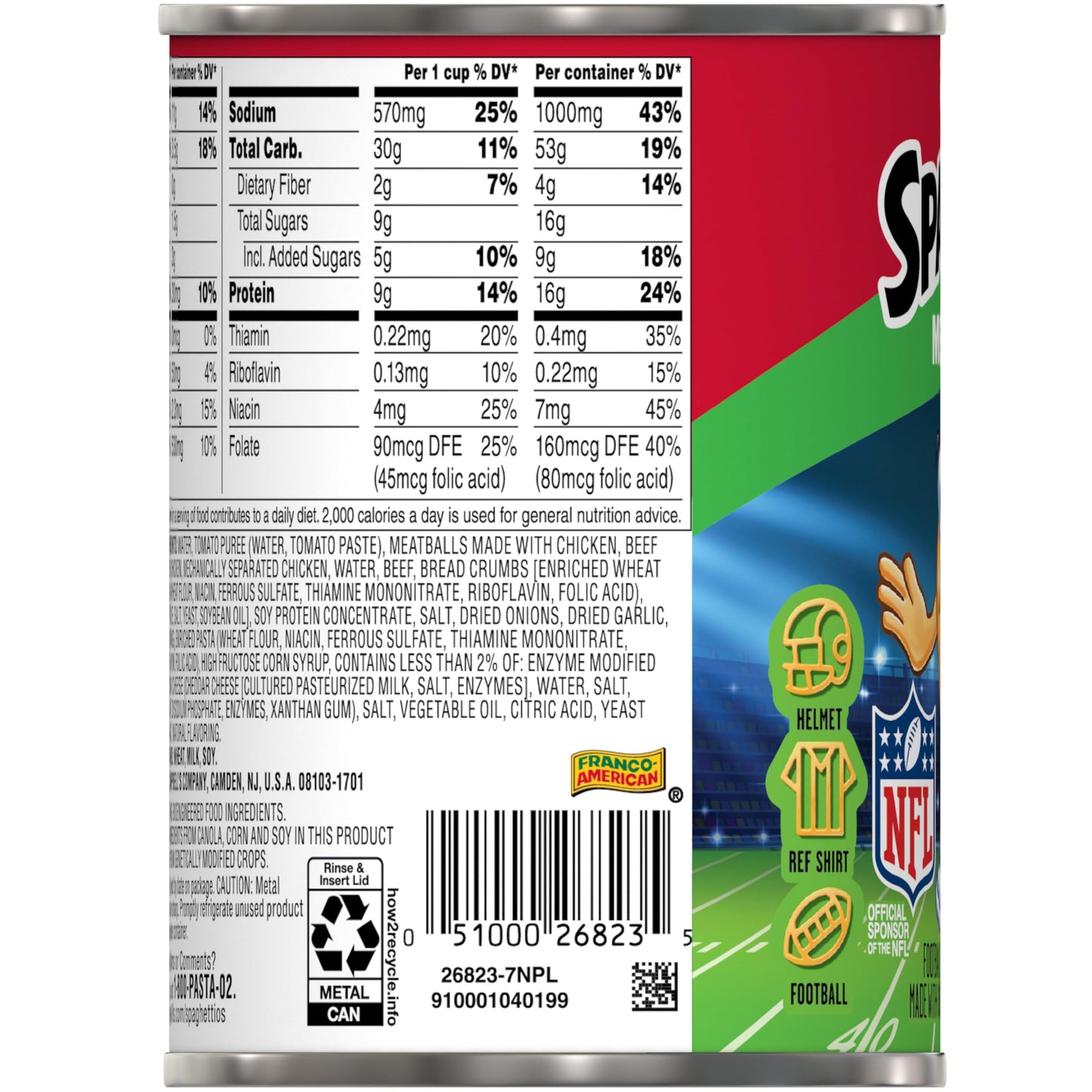 SpaghettiOs Football Shaped Canned Pasta with Meatballs, 15.6 oz Can