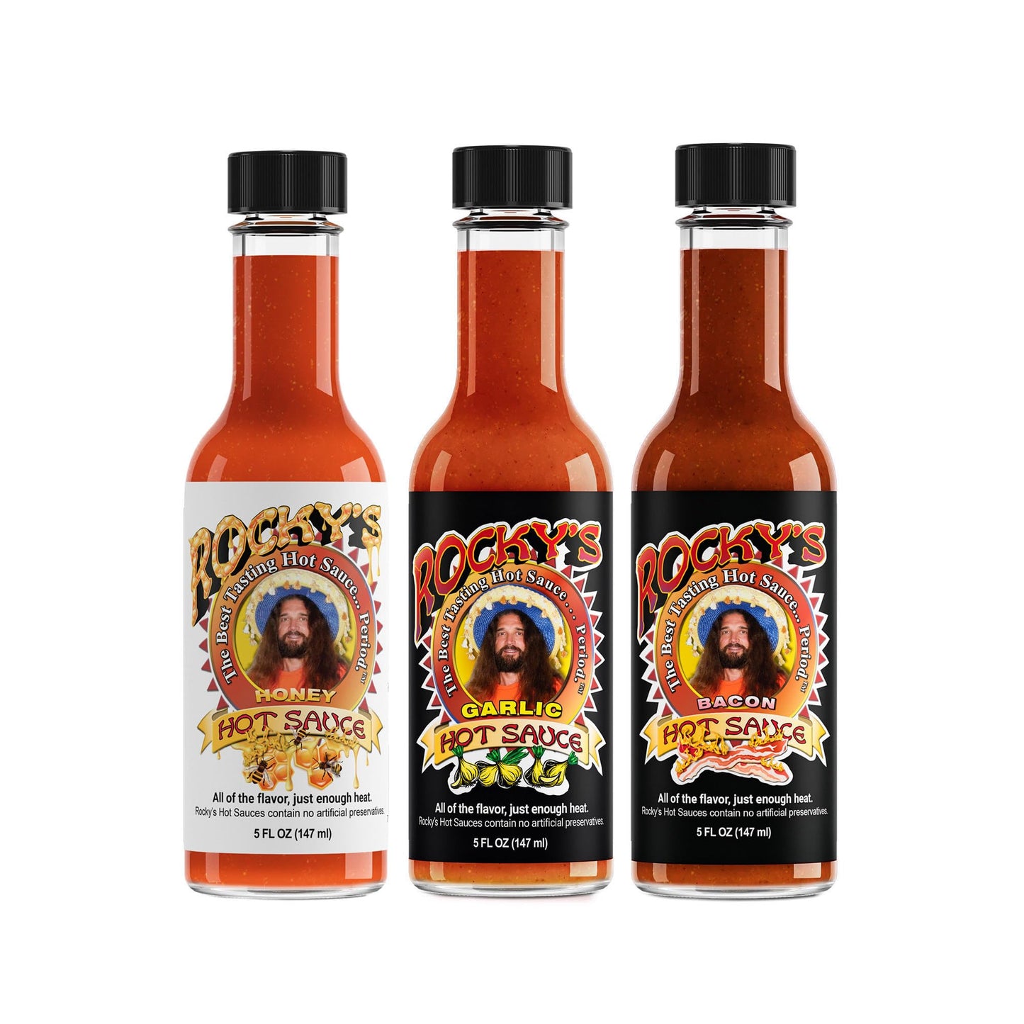 Rocky's 3 Pack! Honey Hot - Garlic - Bacon - Gourmet Red Chili Sauce with Perfectly Balanced Heat - Great Hot Sauce Gift and Wing Sauce - 5 oz (3