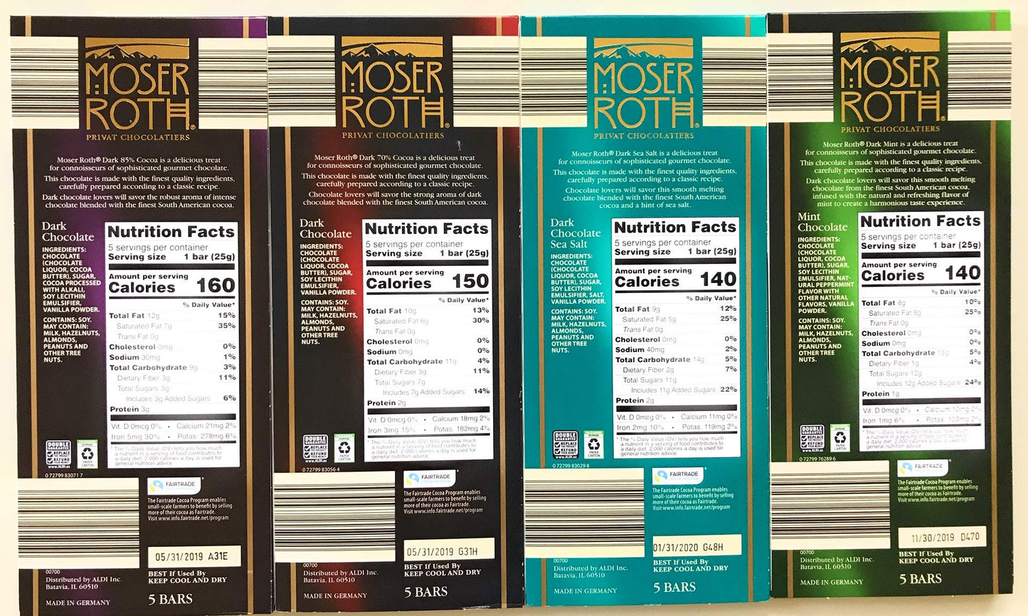 German Dark Chocolate Bundle of 4 Varieties. Moser Roth 85% Cocoa, 70% Cocoa, Dark Sea Salt and Dark Mint. Low Sugar Gourmet Candy Bars. Good for the