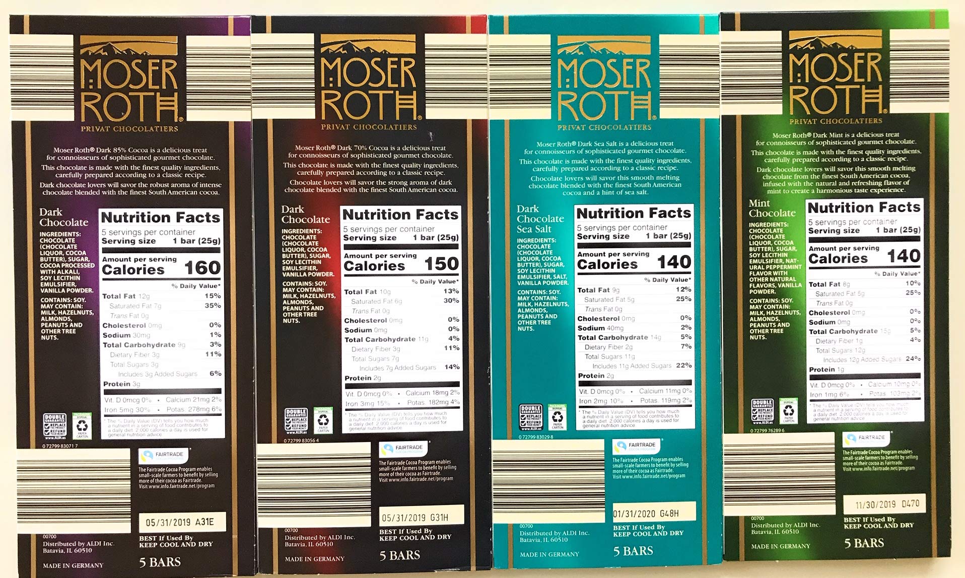 German Dark Chocolate Bundle of 4 Varieties. Moser Roth 85% Cocoa, 70% Cocoa, Dark Sea Salt and Dark Mint. Low Sugar Gourmet Candy Bars. Good for the