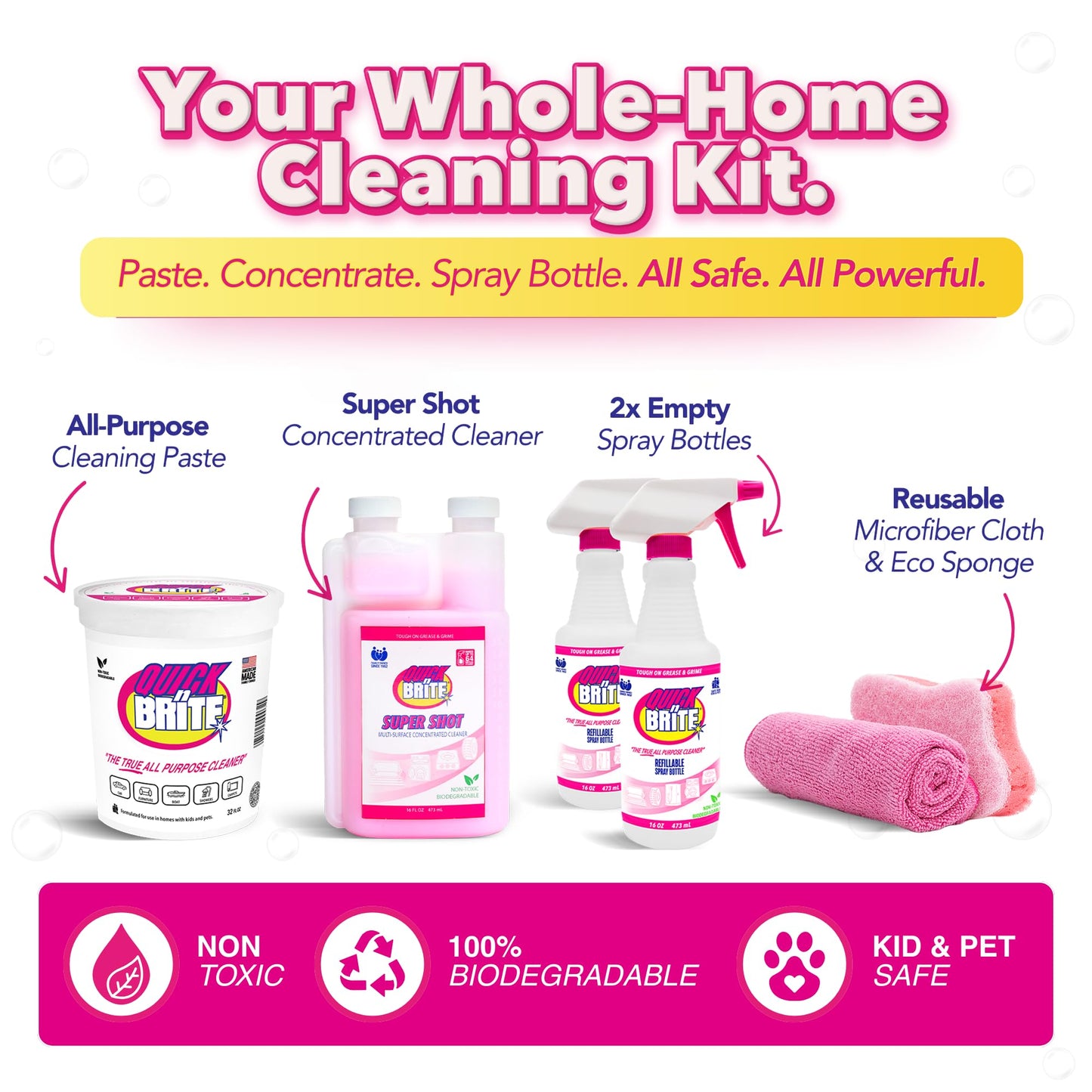 Quick 'n Brite Ultimate Cleaning Kit - Includes 32oz Paste, 16oz Super Shot, 2 Refillable Spray Bottles, Microfiber Towel, Scrubber Sponge & Quick