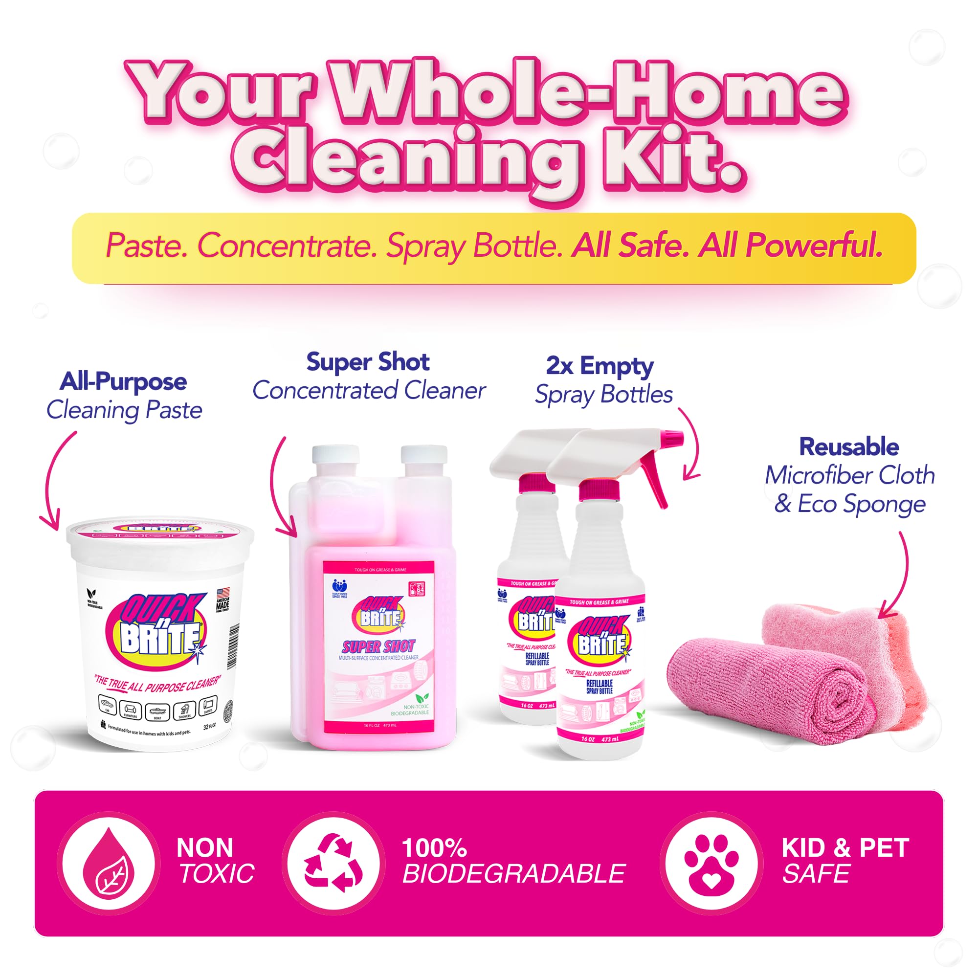 Quick 'n Brite Ultimate Cleaning Kit - Includes 32oz Paste, 16oz Super Shot, 2 Refillable Spray Bottles, Microfiber Towel, Scrubber Sponge & Quick