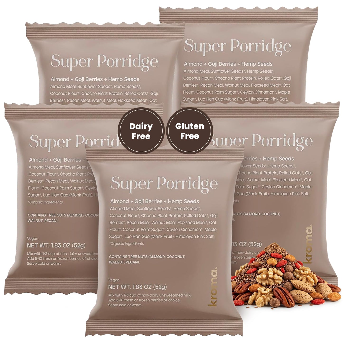 Kroma Super Porridge, Gluten Free, 5 Servings, Chocho Plant Protein, Vegan Superfood Breakfast Cereal with Hemp Seeds, Cinnamon, Oats, Coconut