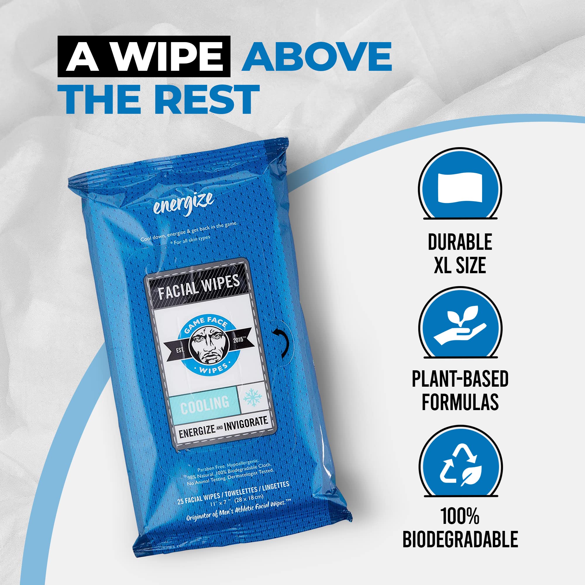 Game Face Cooling Face Wipes 25 Count XL Size Compostable Cloth Naturally Formulated and Lightly Scented Hydrating, Energizing, and Invigorating Wipes