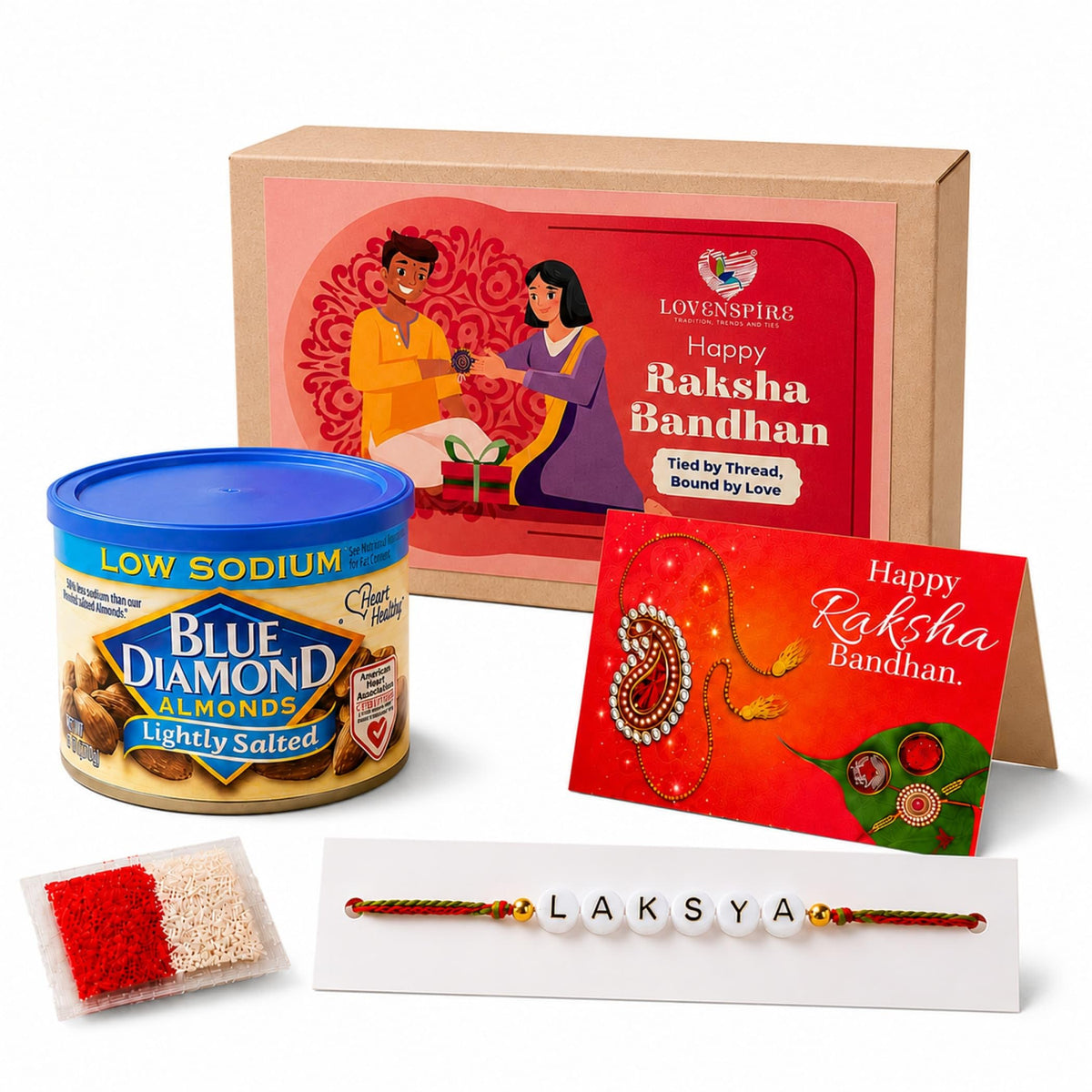 LoveNspire Personalized Name Bead Rakhi for Brother - Custom Bracelet Jewelry Gift with Greeting Card, Roli Chawal & Chocolates, Raksha Bandhan Gift