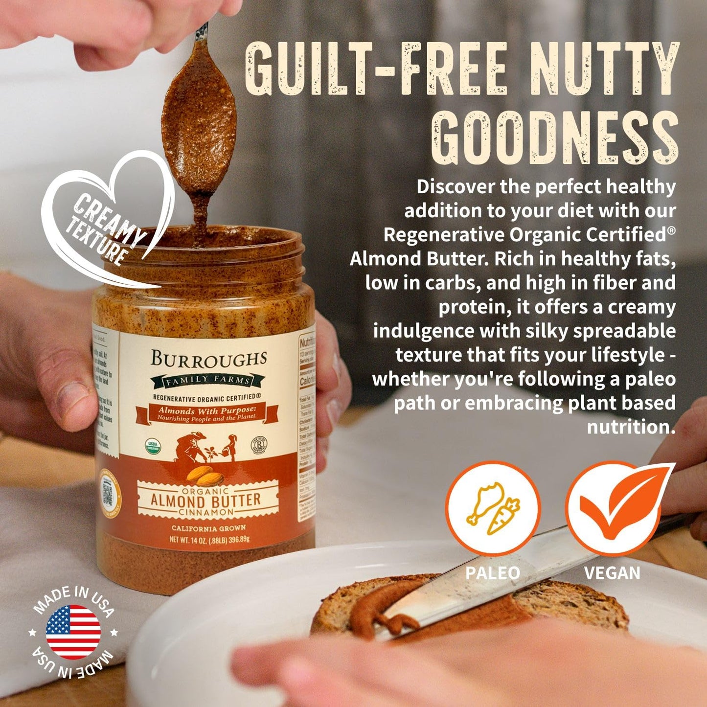 USDA Organic Almond Butter Cinnamon, 14 oz - No Palm Oil, Almond Nut Butter - 2x the Antioxidants and Vitamin B Versus Other Nut Butter with Coconut