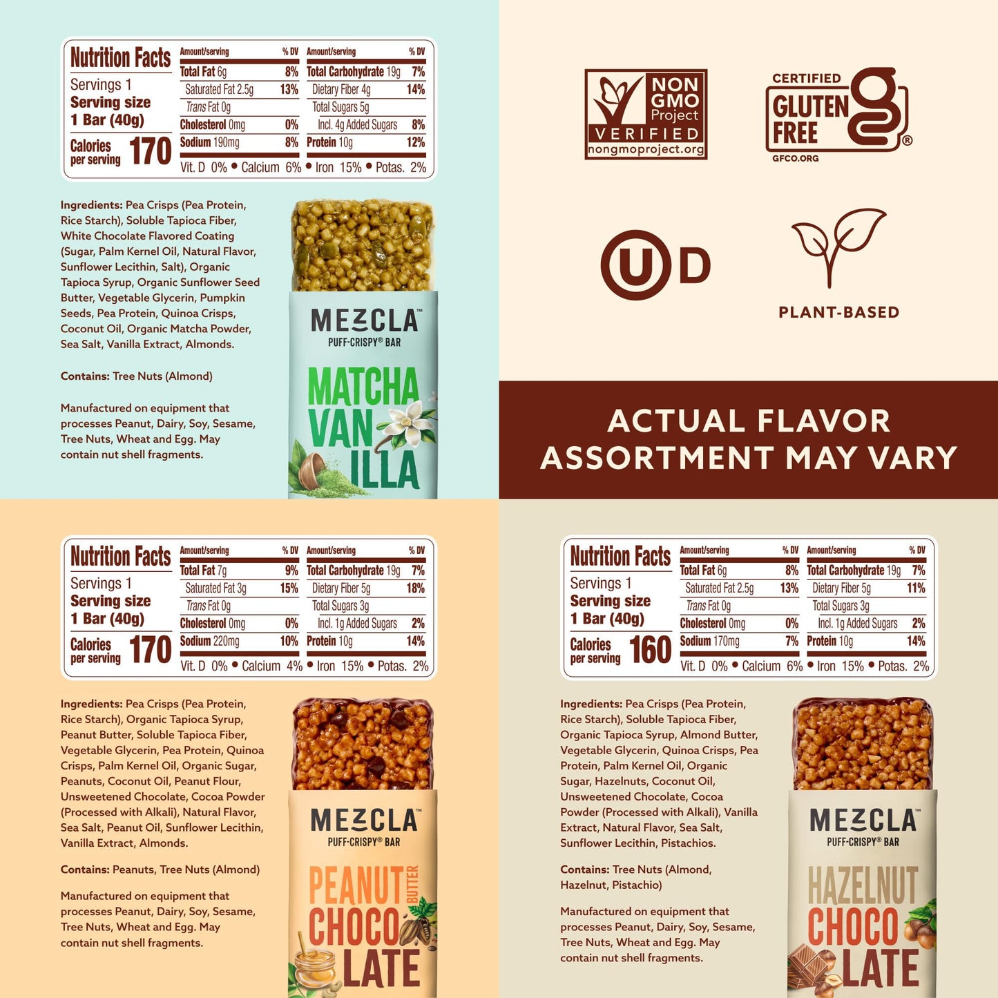 Mezcla Puff-Crispy Plant Based Protein Bars - Variety Pack - Healthy Snacks for Adults & Kids - Granola Bars for School, Travel, & Office Snacks