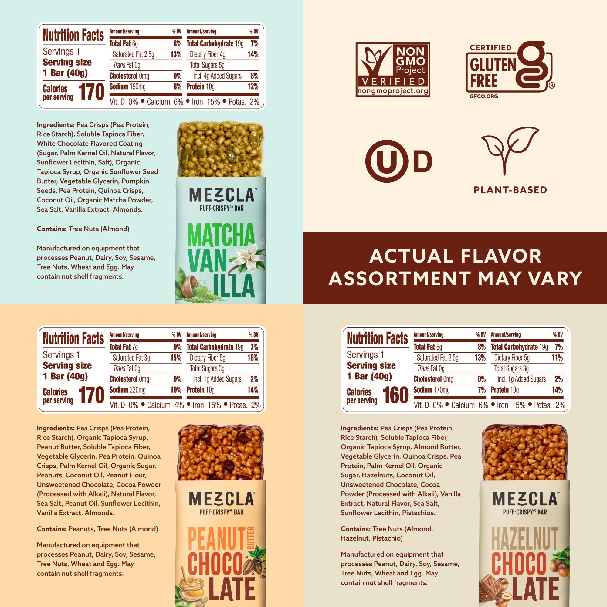 Mezcla Puff-Crispy Plant Based Protein Bars - Variety Pack - Healthy Snacks for Adults & Kids - Granola Bars for School, Travel, & Office Snacks