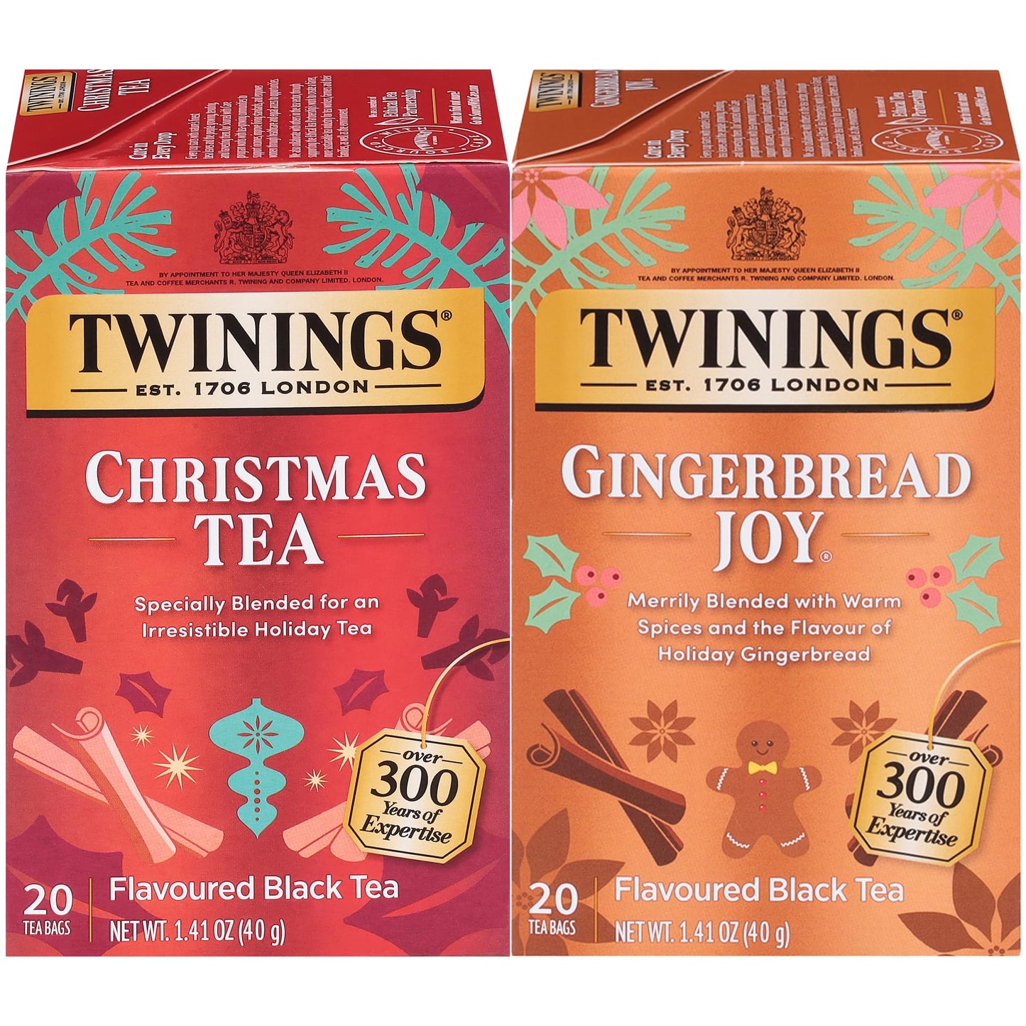 Twinings Christmas and Gingerbread Black Teas, 2-20 Count Packs, 40 Individually Wrapped Tea Bags, Aromatic with Holiday Spices, Caffeinated, Enjoy
