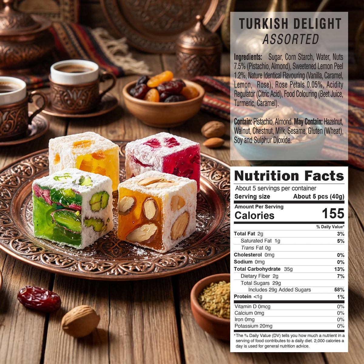 HazerBaba Gourmet Assorted Turkish Delight Candy with Nuts, 7oz (Pack of 1)