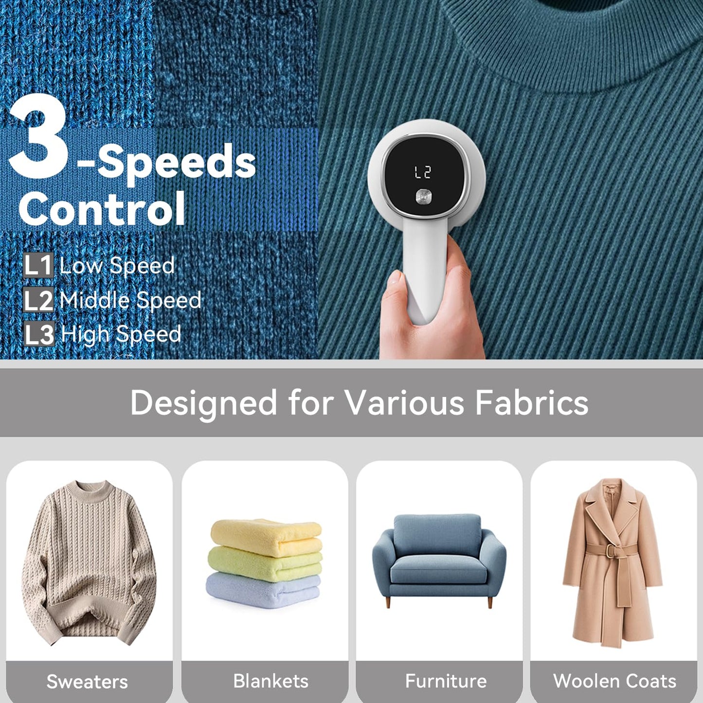 Smyeviva Rechargeable Fabric Shaver for Clothes: 6-Leaf Blades & 3 Speeds to Remove Pilling, Fuzz & Lint Balls - with LED Display, Portable Electric